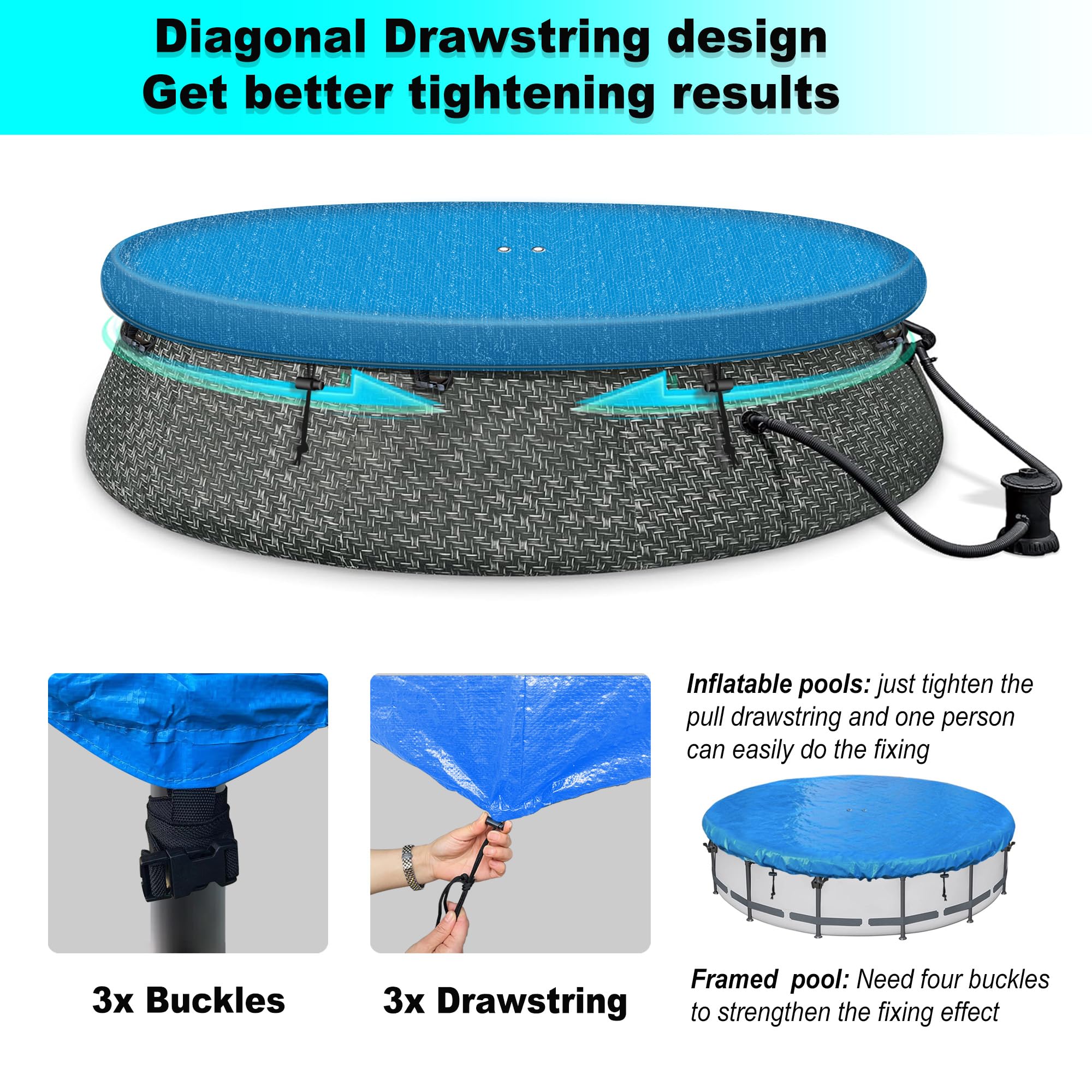 8Ft Round Inflatable Pool Cover for Above Ground Pools - Quick Installation, Waterproof & Dustproof - Prevents Waterlogging & Debris - Heavy Duty Blue Swimming Pool Cover for Summer, Winter Protection & Easy Maintenance