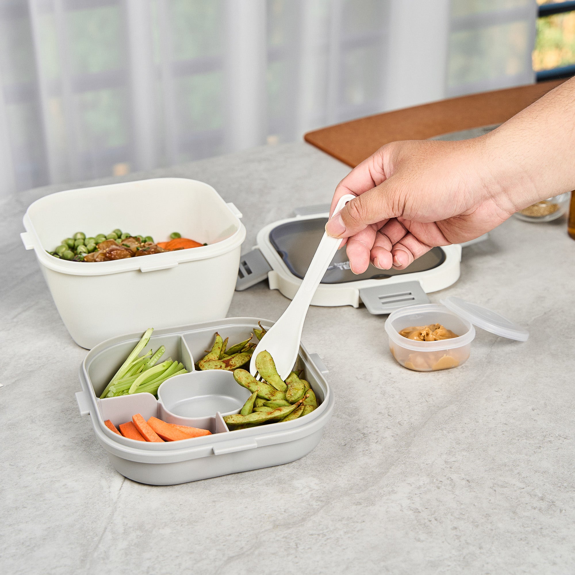 Bento Tek 58 oz White & Gray BPA Free Lunch Box - Microwave Safe, Includes Fork & Knife (7.25