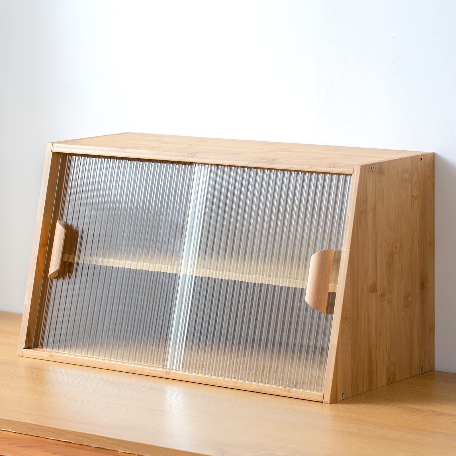Small Bamboo Kitchen Pantry Cabinet with 2 Sliding Glass Doors - Freestanding Storage for Bottles, Dishes & Bowls - Modern Sideboard for Dining Room, Kitchen or Living Room Organization