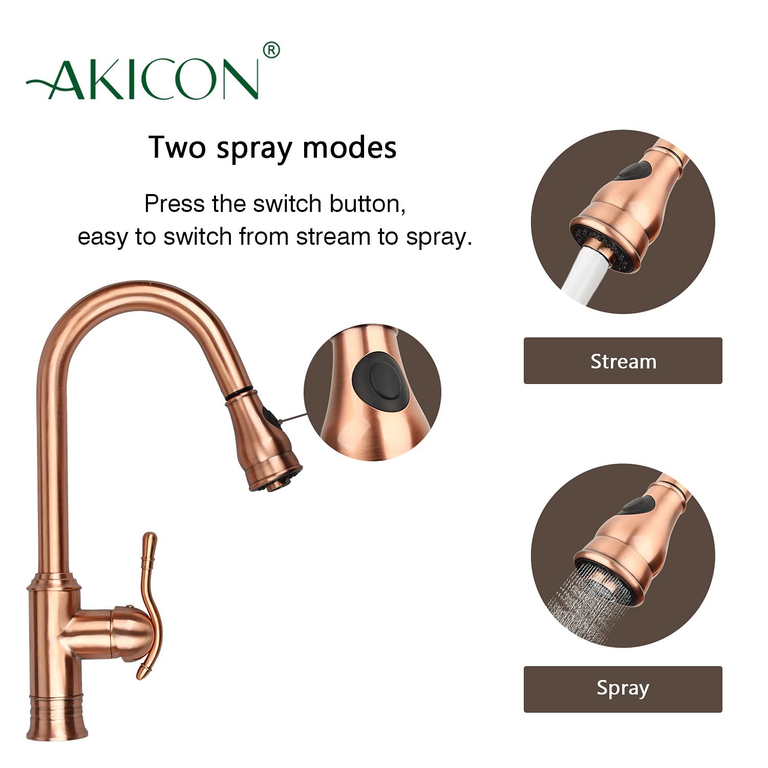 Akicon Copper Single-Hole Pull-Down Sprayer Kitchen Faucet - Single Handle Brushed Nickel Sink Faucet for Modern Farmhouse & Industrial Style Kitchens
