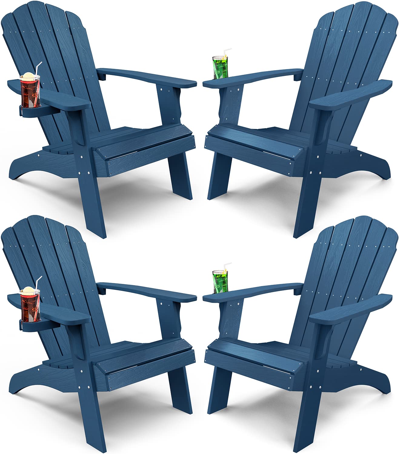 YEFU Oversized Plastic Adirondack Chair Set of 4 - Weather Resistant Outdoor Patio Furniture with Cup Holders, Heavy Duty Poly Lumber for Deck, Garden, Lawn, Backyard & Poolside Relaxation - Navy Blue
