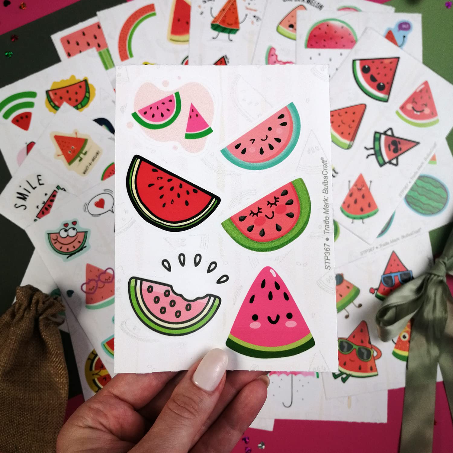 BulbaCraft 100Pcs Watermelon Stickers - Cute Melon Vinyl Decals for Scrapbooking, DIY Crafts, Laptop & Water Bottle Decoration - Perfect for Party Favors, Goodie Bags, Gifts & Summer Themed Decorations