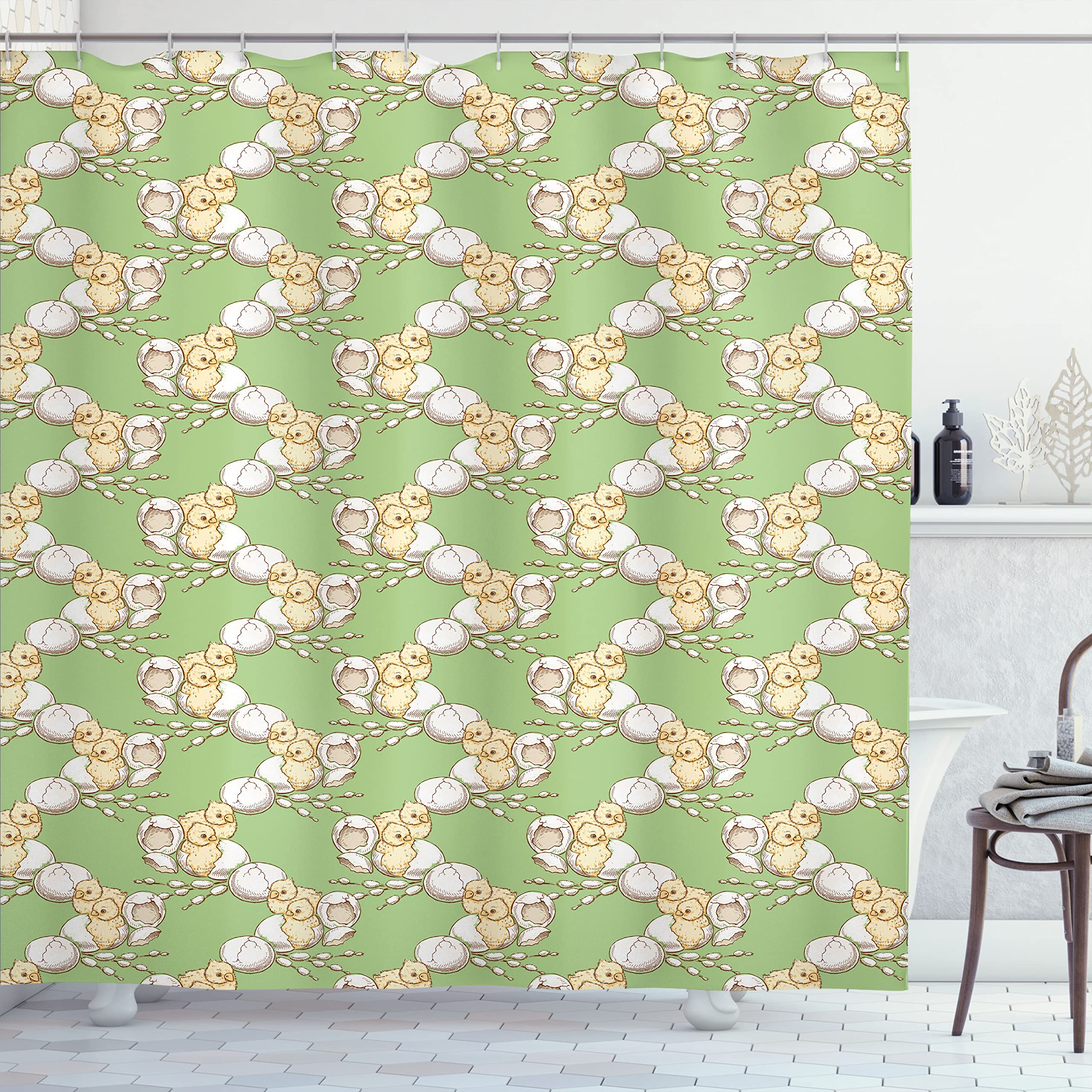 Ambesonne Vintage Yellow Bird Shower Curtain - Cute Chick Design with Hooks, Waterproof Fabric Bathroom Decor for Farmhouse & Nursery Themes | Perfect for Kids' Bathrooms and Spring Home Decor