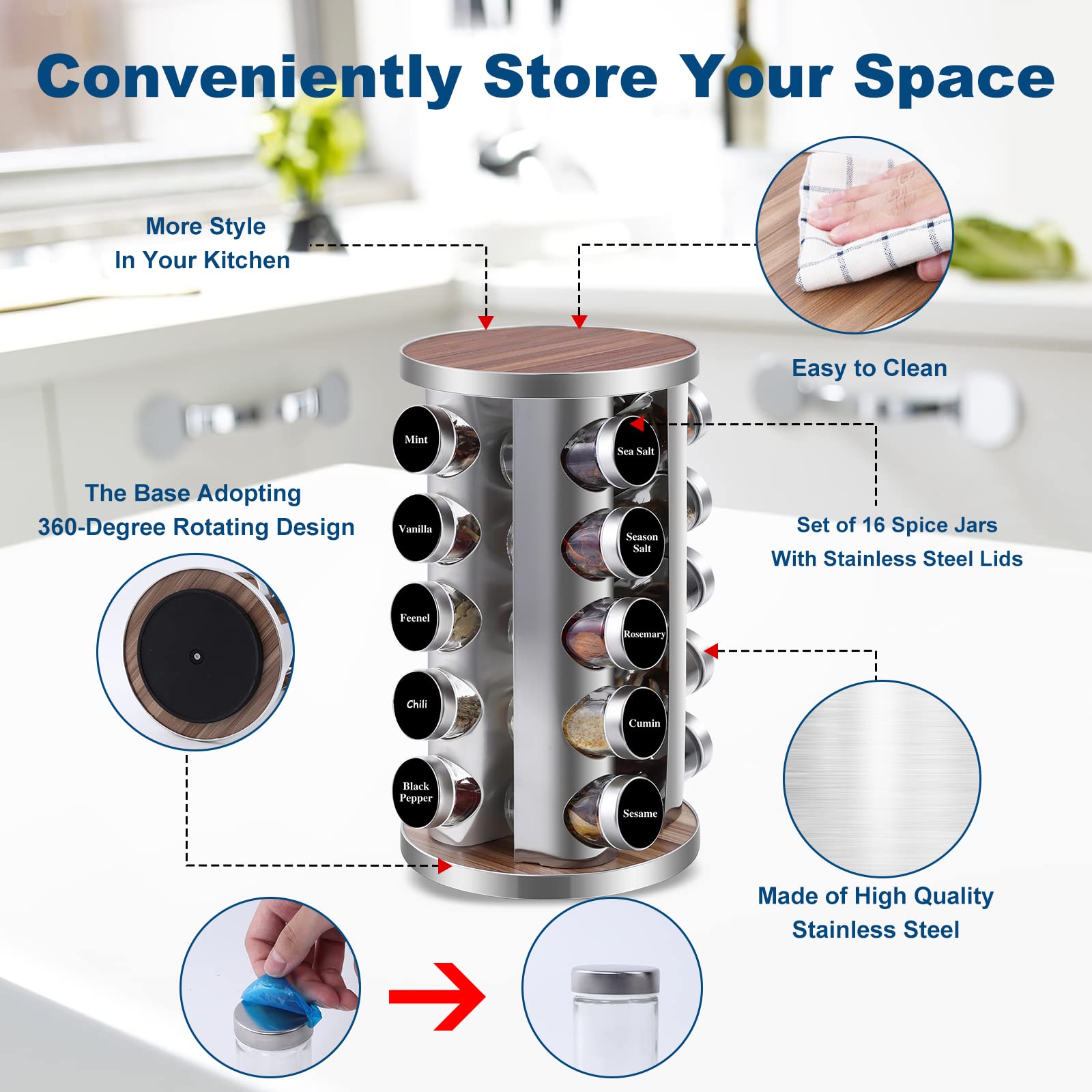 WAYDA Rotating Spice Rack Organizer - 20 Jar Revolving Seasoning Storage for Kitchen Cabinet | Stainless Steel Spice Tower with Reusable Labels & Funnel | Perfect for Countertop Organization & Easy Spice Access