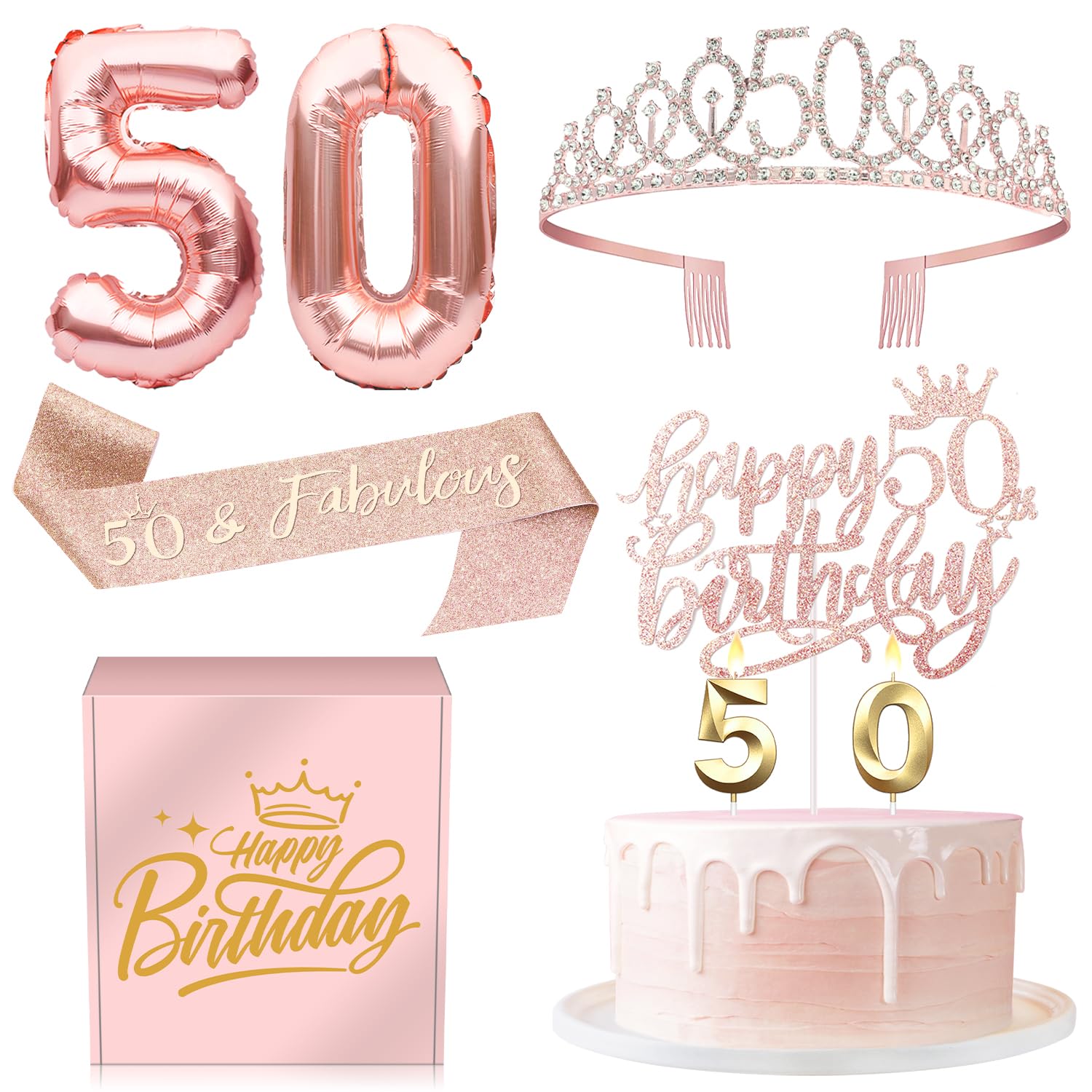50th Birthday Party Decorations for Women - Rose Gold Cake Topper, Balloons, Queen Sash, Crown & Candle Set | Perfect for Milestone Celebrations, Surprise Parties & Instagram-Worthy Moments