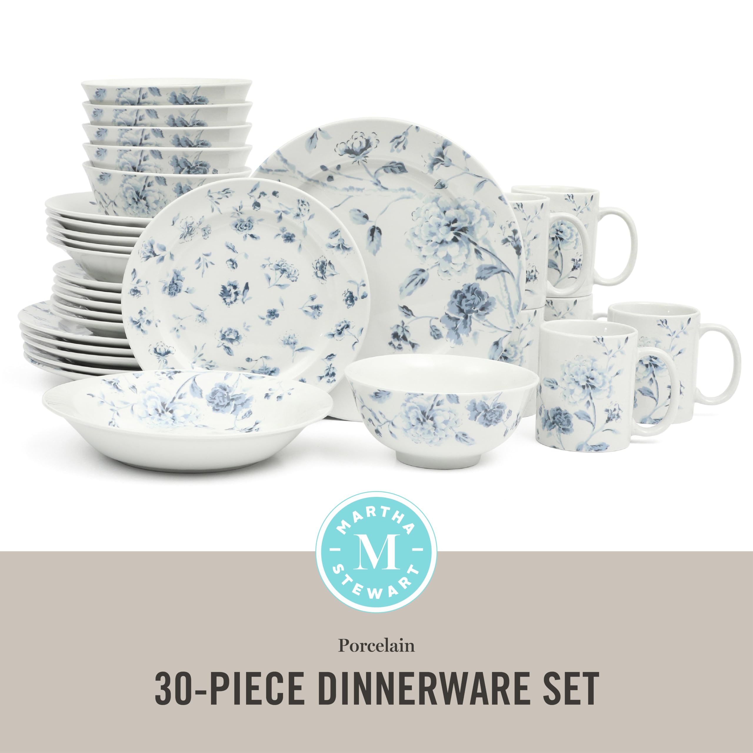 Martha Stewart Empress Bouquet Blue Floral Porcelain Dinnerware Set - 30-Piece Plates & Bowls for 6, Elegant Table Setting for Weddings, Holidays & Formal Dining