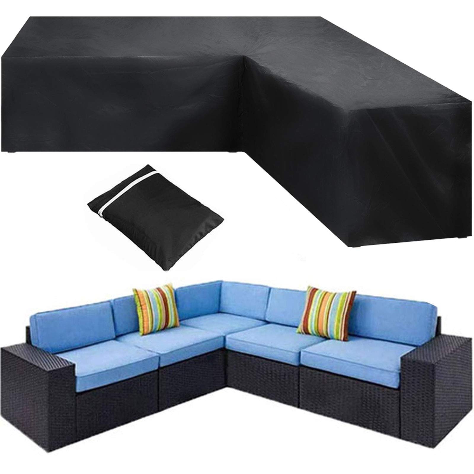Heavy Duty 420D Waterproof L-Shaped Outdoor Furniture Cover for Patio Sectional Sofa - 300x300x98cm Black with Storage Bag - Perfect for Garden, Backyard, and Poolside Protection