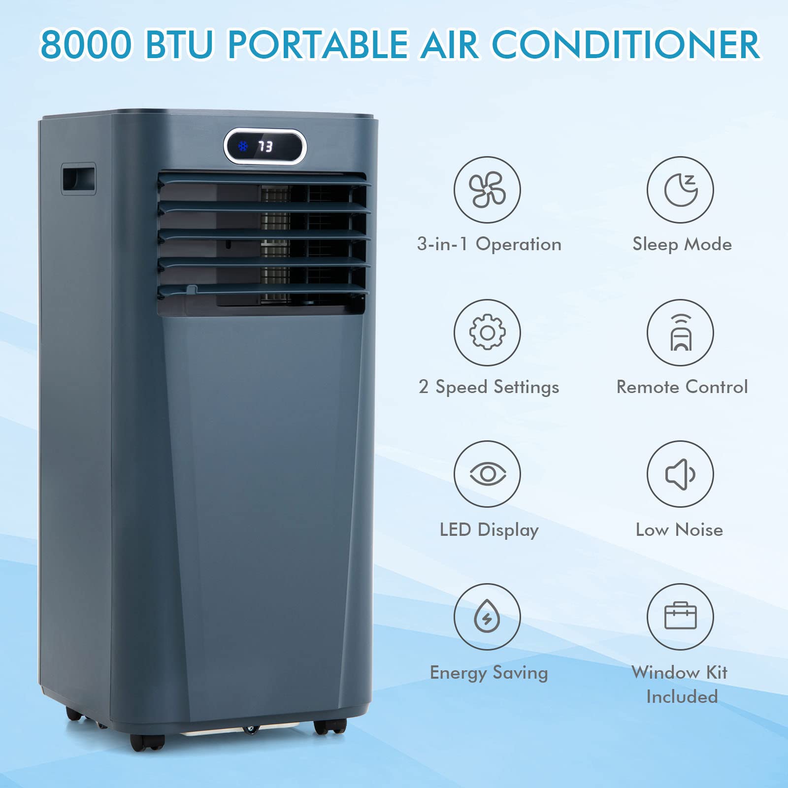 PETSITE 8000BTU Portable Air Conditioner - 3-in-1 Cooling Unit with Dehumidifier, Fan & Air Cooler Functions, Remote Control & Window Kit Included (Dark Blue) - Perfect for Bedrooms, Living Rooms & Small Offices