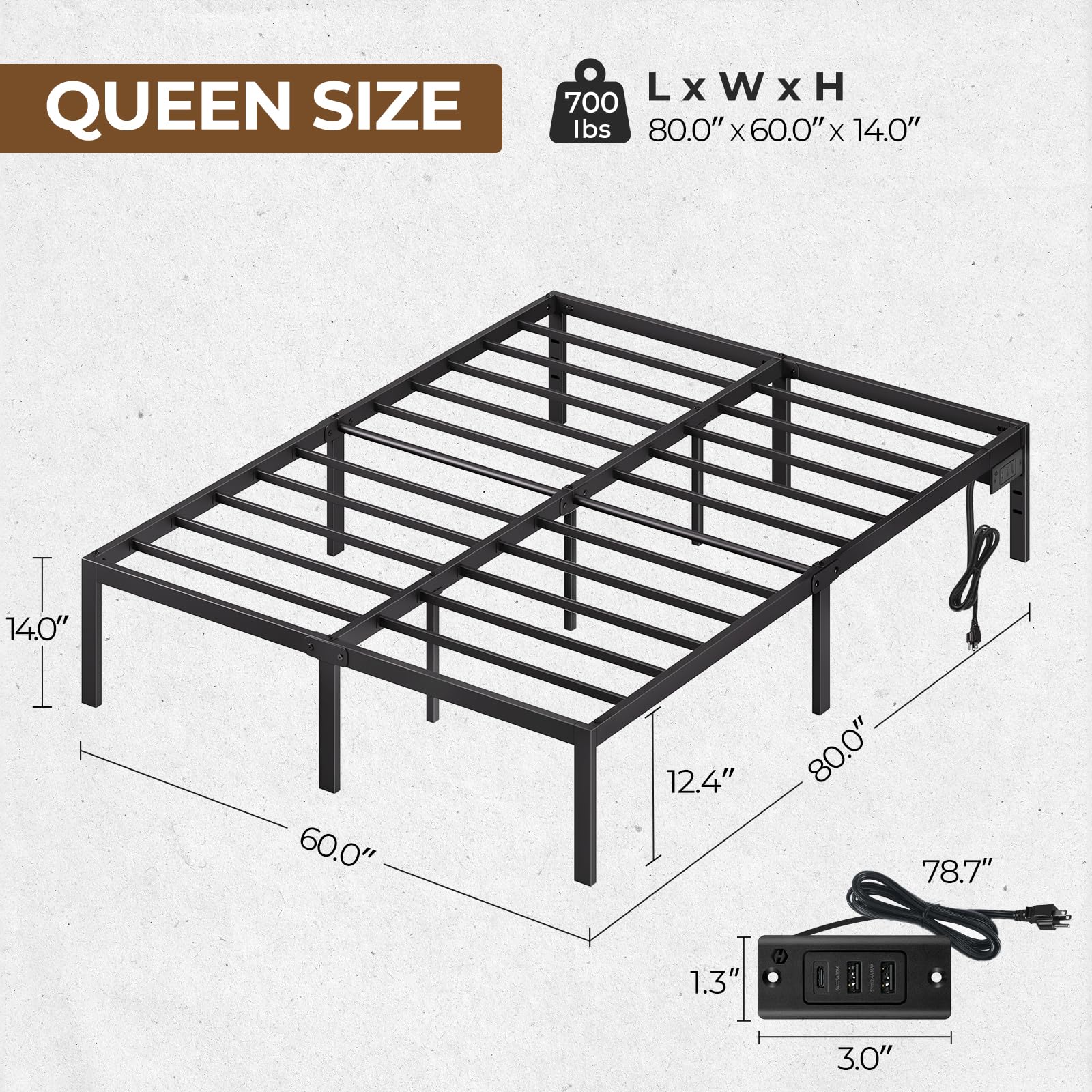 Rolanstar 14 Inch Metal Platform Bed Frame Queen Size with USB Charging Ports - Heavy Duty Steel Slat Support, No Box Spring Needed - Easy Assembly Black Bed Frame for Master Bedroom, Guest Room & Apartment