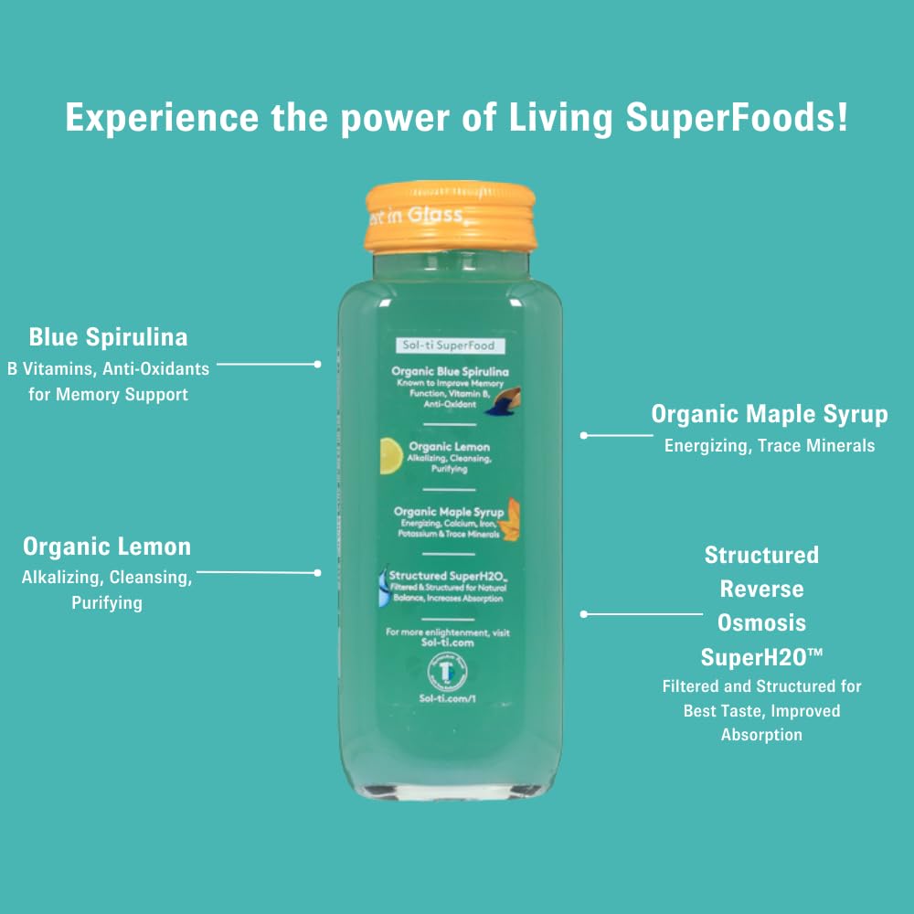 Organic SuperAde Hydration Drink with Cold-Pressed Blue Spirulina & Lemon Juice - Boosts Memory & Energy | SuperFood Lemonade by Sol-ti | 16 Pack (14.9 Fl Oz) | Perfect for Workouts, Yoga & Post-Workout Recovery