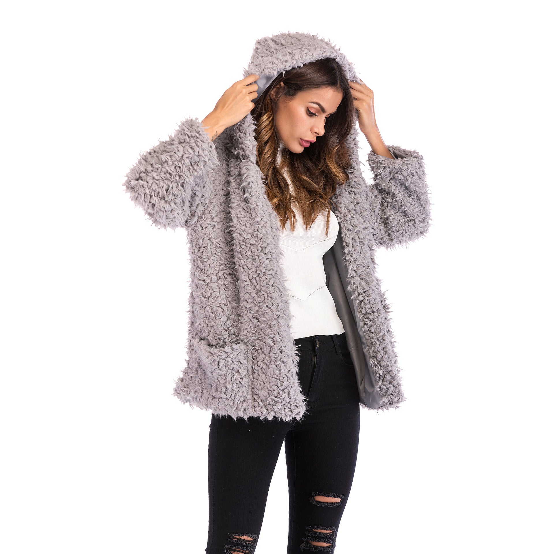 LOVEVOP 2025 Women's Furry Hooded Jacket - Winter Warm Thickened Long Sleeve Loose Coat for Autumn & Winter Fashion | Perfect for Outdoor Activities, Casual Wear & Cold Weather Protection