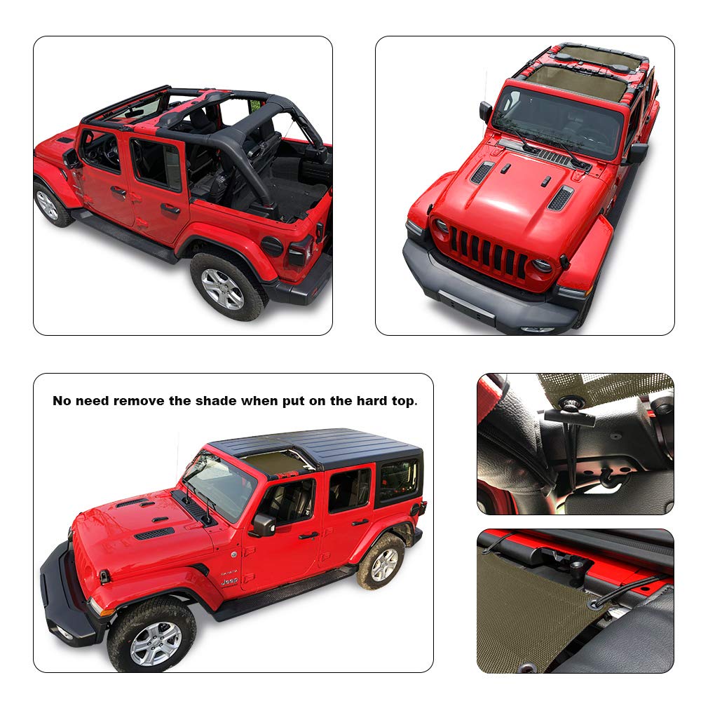 Shadeidea Jeep Wrangler JL (2018-2023) 4-Door Sun Shade Top - Front & Rear Mesh Screen Cover with UV Protection | Tank Green JLU Sunshade | Includes Grab Bag Pouch & 10-Year Warranty | Perfect for Off-Roading, Beach Trips & Summer Driving