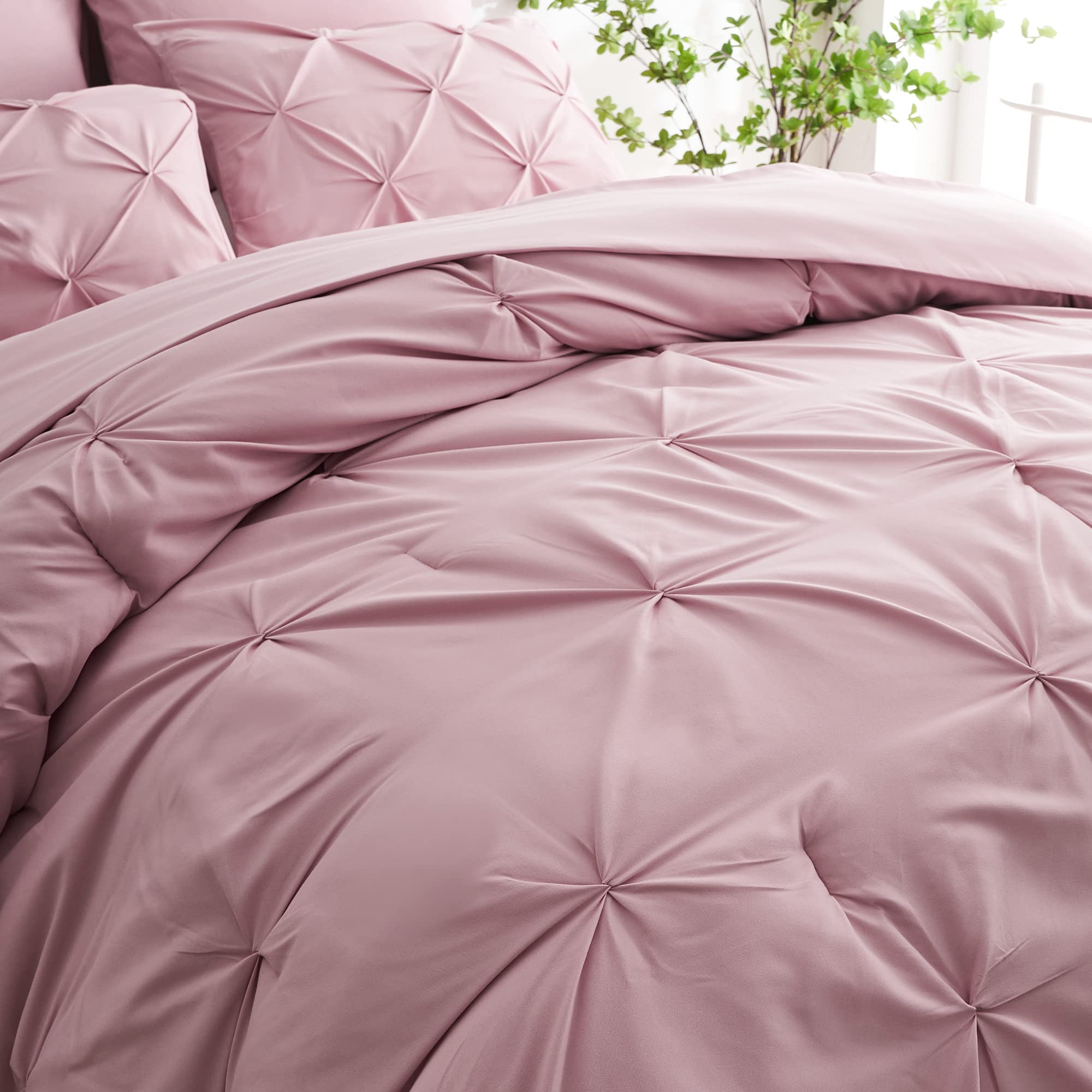 Ubauba 5-Piece Twin Comforter Set with Sheets - Blush Pintuck Bed in a Bag, Soft Pinched Pleat All-Season Bedding (Pink, Twin Size) for Cozy Dorm Rooms & Guest Bedrooms
