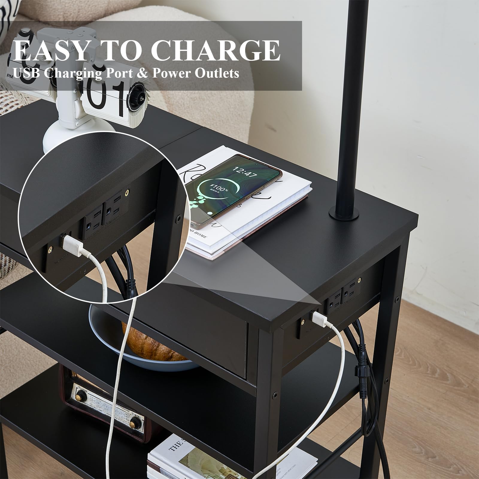 Topotdor Rustic Wooden Floor Lamp with Side Table - USB Port & Outlets, Adjustable Shelves for Bedroom, Living Room & Home Office - Black - Perfect for Reading, Working & Nightstand Lighting