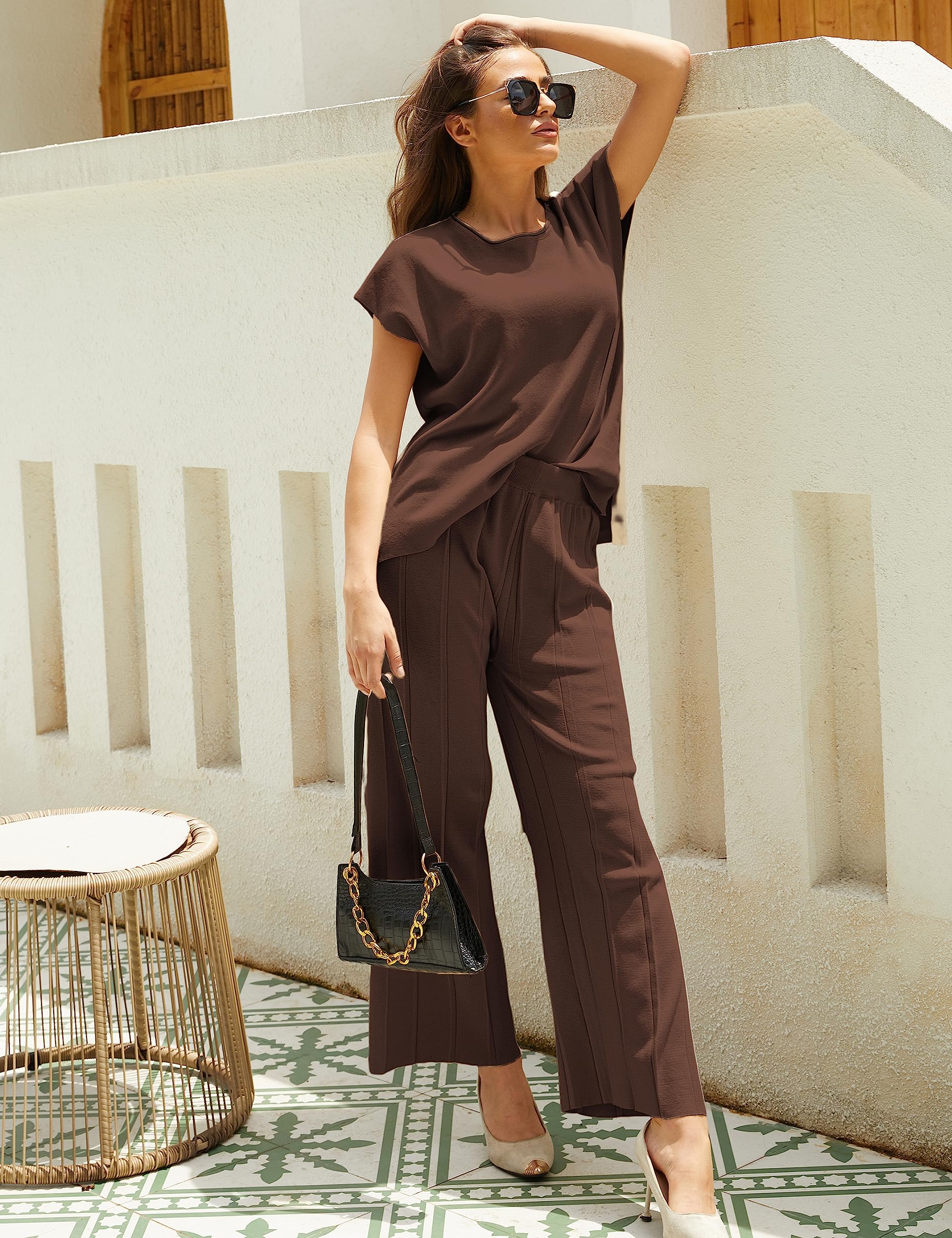 Women's Knit 2-Piece Sweater Set - Cozy Pullover Top & High Waist Wide Leg Lounge Pants - Soft Casual Outfit for Home, Work & Travel