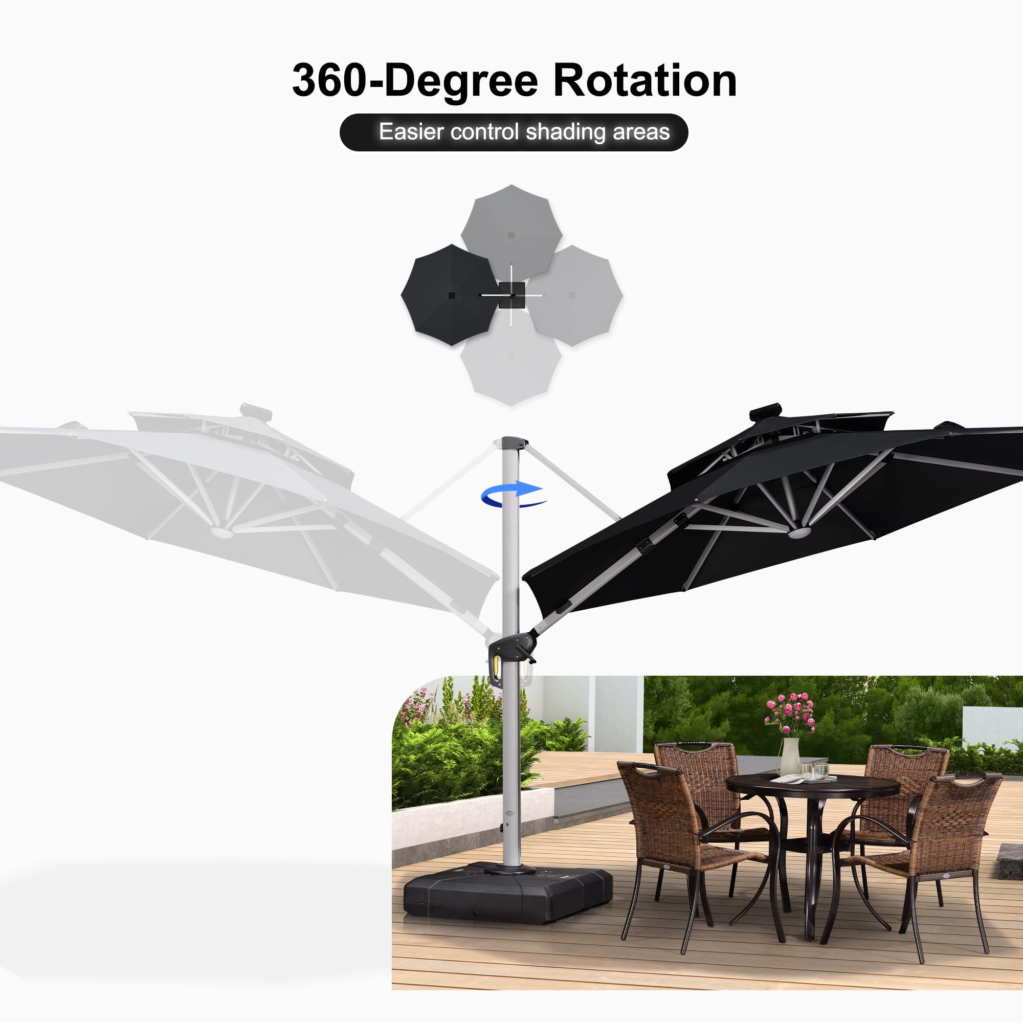 PURPLE LEAF 10ft Solar Powered LED Patio Umbrella - Large Windproof Cantilever Outdoor Umbrella with LED Lights for Garden, Deck, Pool - Heavy Duty Sun Shade for Outdoor Dining & Relaxation (Black)