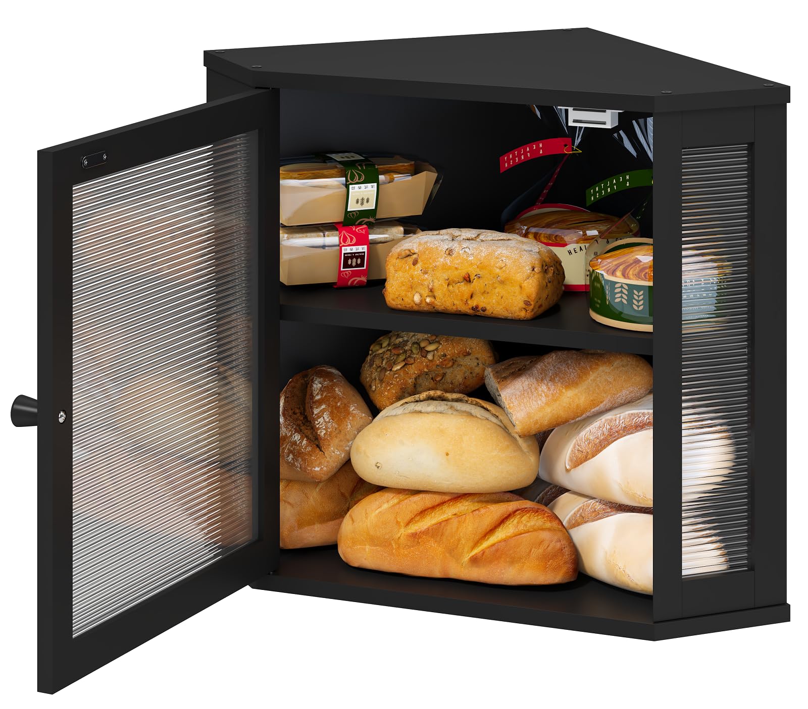 Bamboo Bread Box for Kitchen Counter - Large Capacity Bread Storage Bin with Acrylic Wavy Door Panel - Black Medium Size | Perfect for Organizing Bread, Pastries & Baked Goods on Countertops