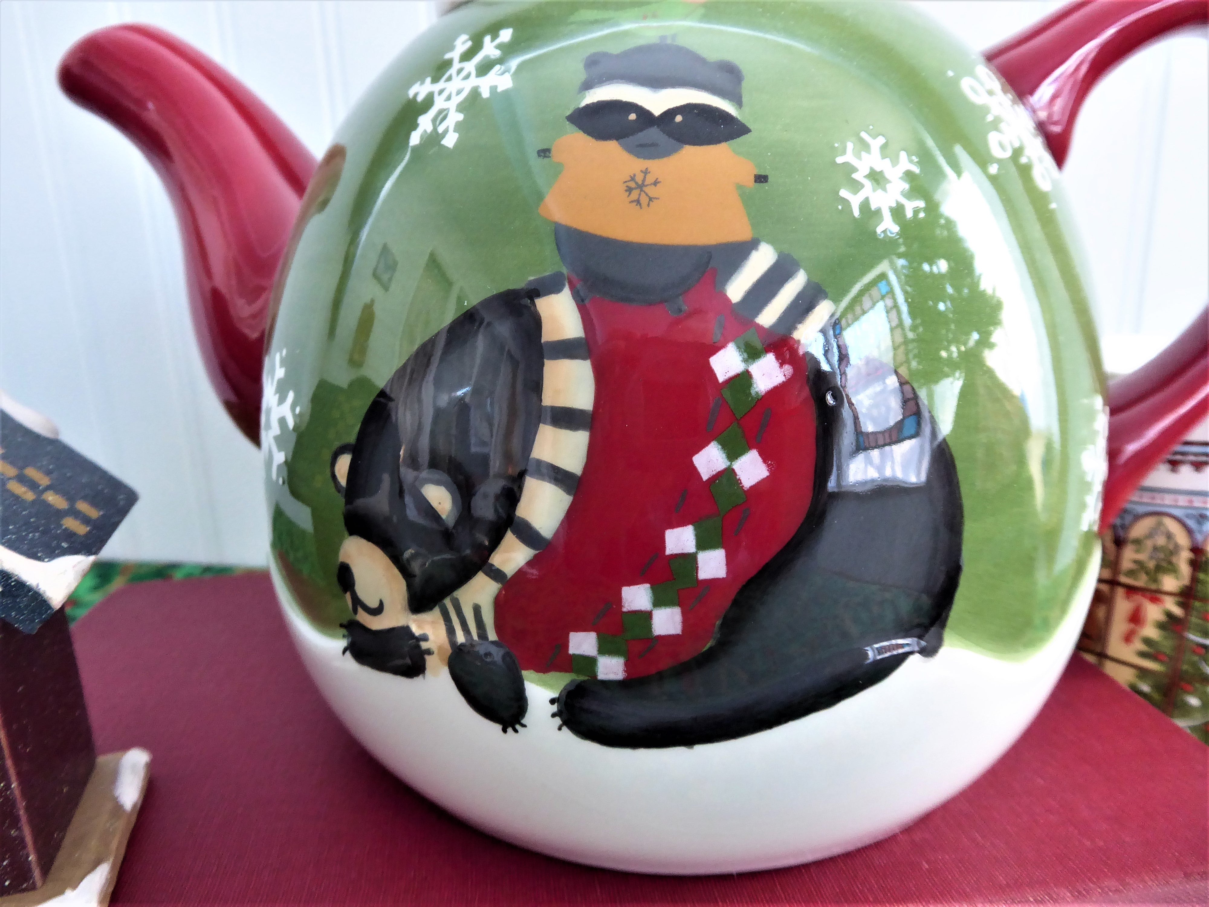 Debbie Mumm Christmas Winter Folk Art Teapot with Bear and Raccoon Design - Large Holiday Teapot for Winter Decorations, Gift Giving & Cozy Tea Time