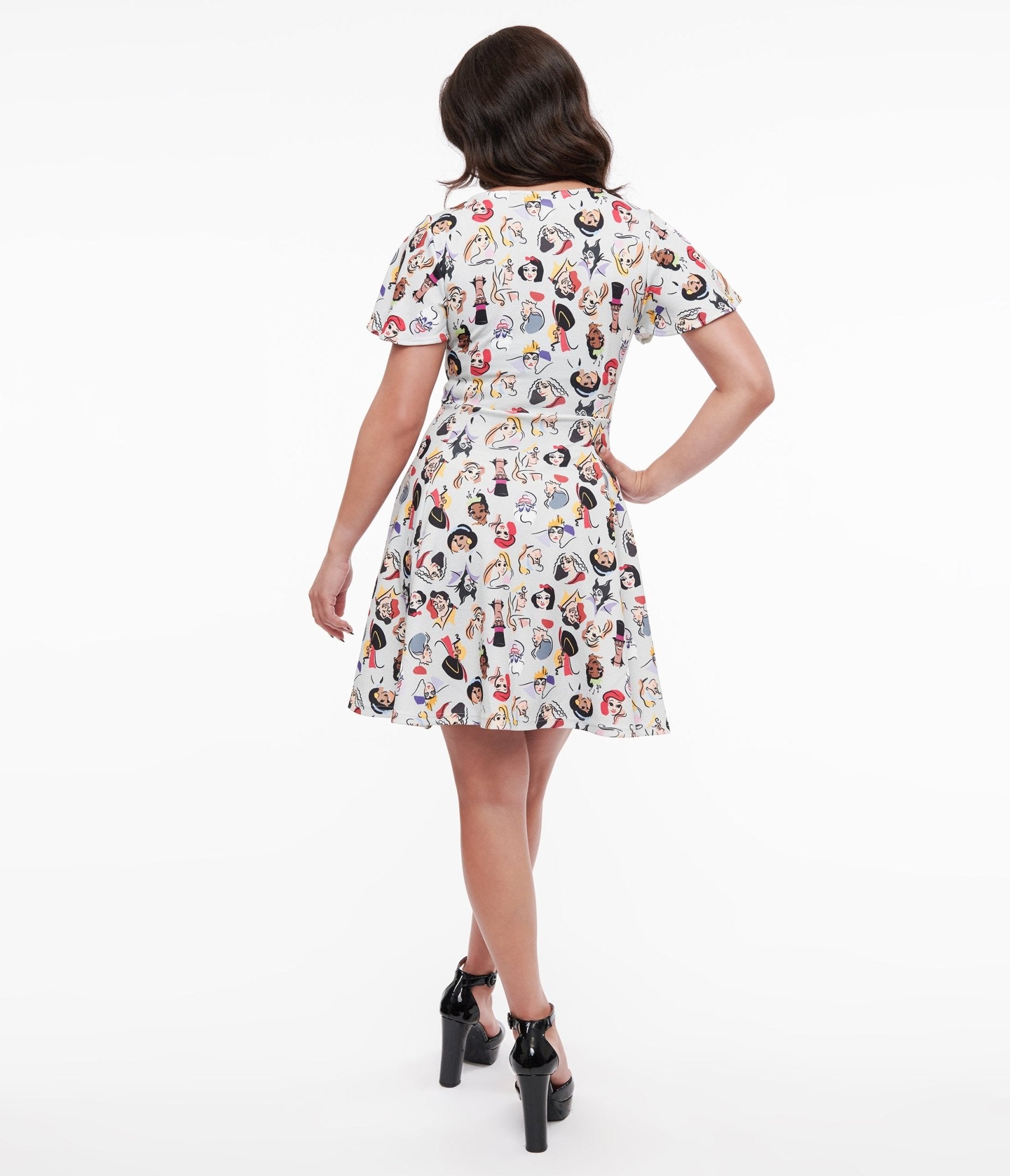Disney Princess & Villain All Over Print Fit & Flare Dress - Vintage Grey Disney Princess Collection by Unique Vintage | Perfect for Cosplay, Halloween Costumes & Disney Theme Parties
