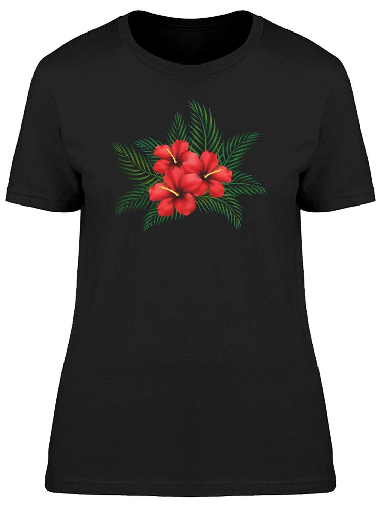 Women's Red Hibiscus Jungle Leaves T-Shirt - Soft Cotton Tee for Casual Wear & Tropical Vacations