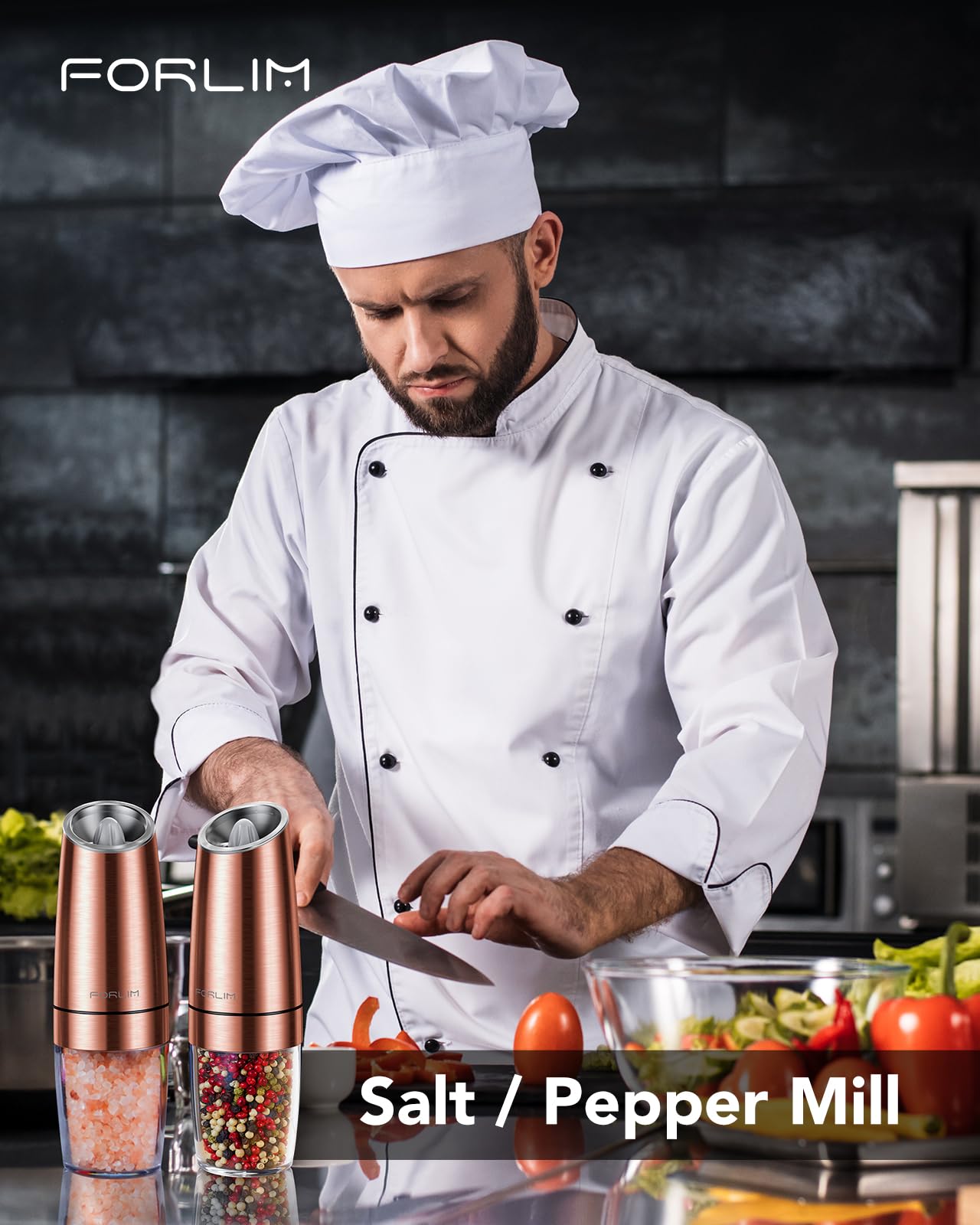FORLIM Gravity Electric Salt and Pepper Grinder Set - Battery Powered Automatic Spice Mill with LED Light, One-Hand Operation & Adjustable Coarseness - Stainless Steel Kitchen Gadget for Cooking, Dining & Gourmet Seasoning (Golden)