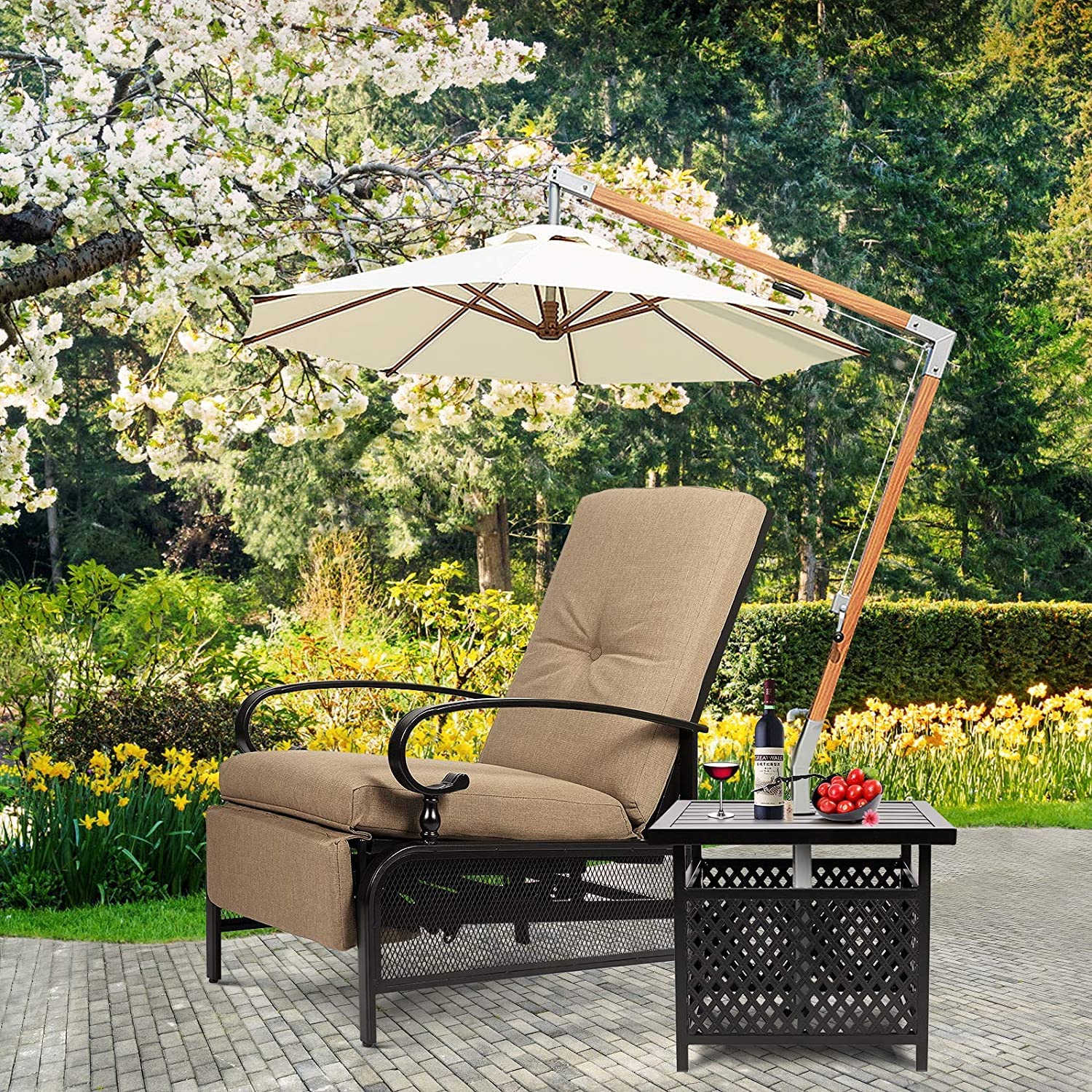 Outdoor Adjustable Lounge Chair Set - Patio Metal Recliner Sofa with Removable Cushions & Bistro Umbrella Table - 300lbs Weight Capacity (Brown) | Perfect for Backyard, Poolside, Beach & Garden Relaxation