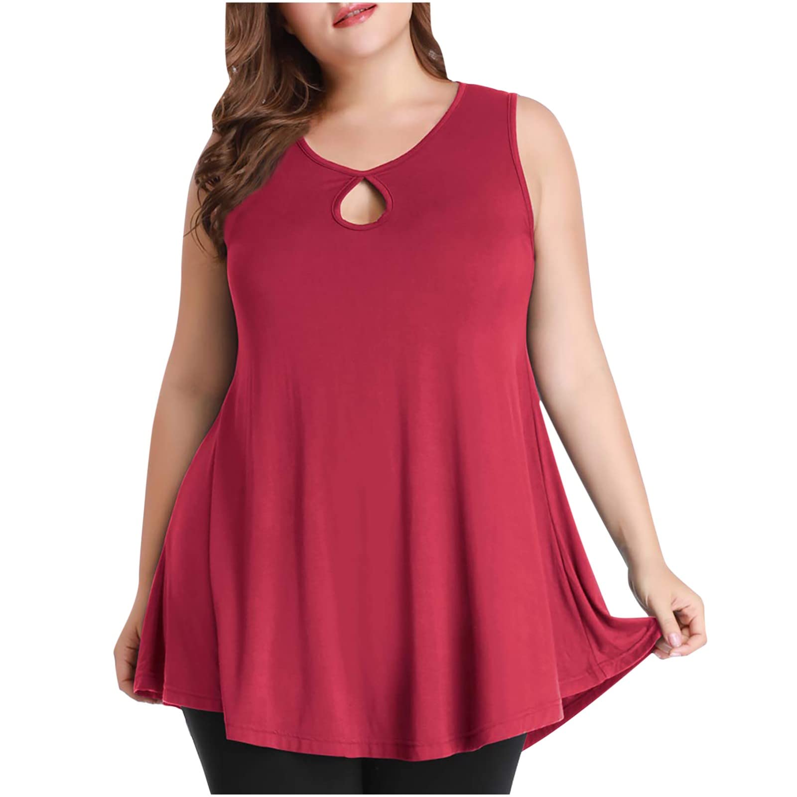 Plus Size Women's Tank Tops - Sexy Cutout Round Neck Sleeveless Flare Tunic T-Shirt - Casual Loose Fitted Blouse for Summer, Beach, and Everyday Wear