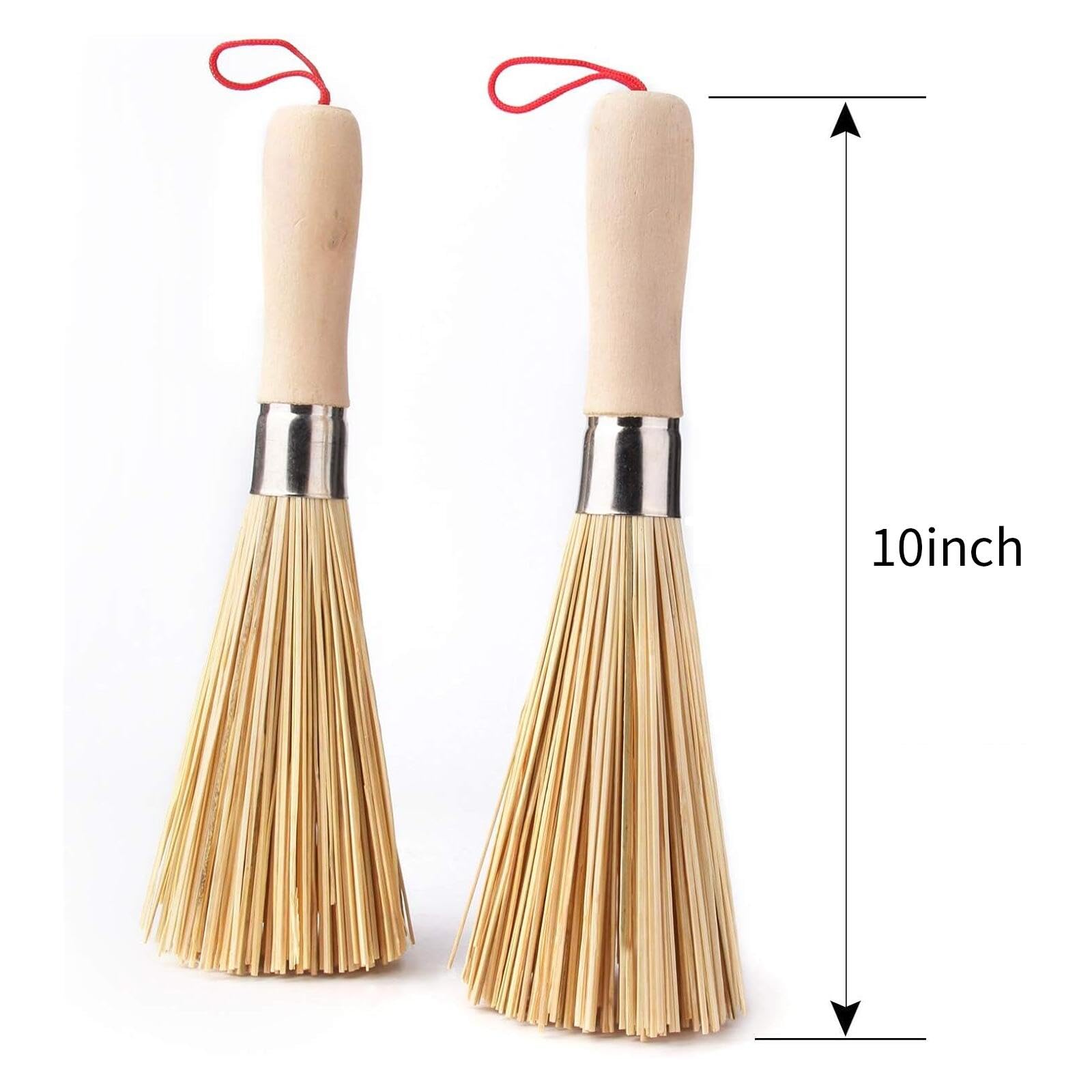 2 Pack Bamboo Wok & Pot Brush Set - Natural Wooden Handle Cleaning Brushes for Non-Stick Pans, Cast Iron Cookware, Pots and Skillets - Perfect for Kitchen, Camping and Outdoor Cooking