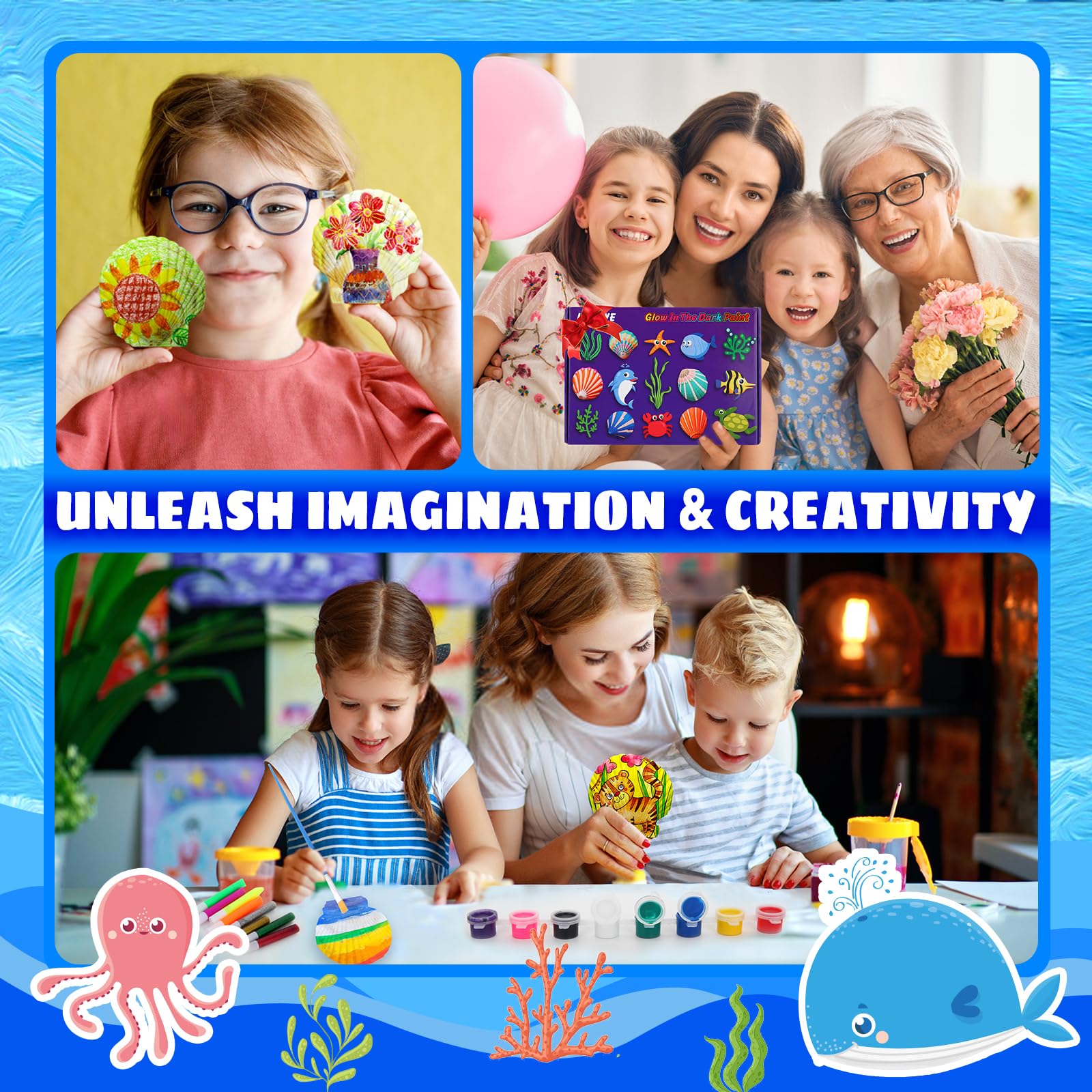 Kebuye Sea Shell Painting Kit for Kids - 12 Shells, 8 Paints & 6 Clay DIY Art Craft Set - Creative Gift for Boys & Girls Ages 4-12 - Perfect for Birthday, Summer Camp & Family Bonding Activities