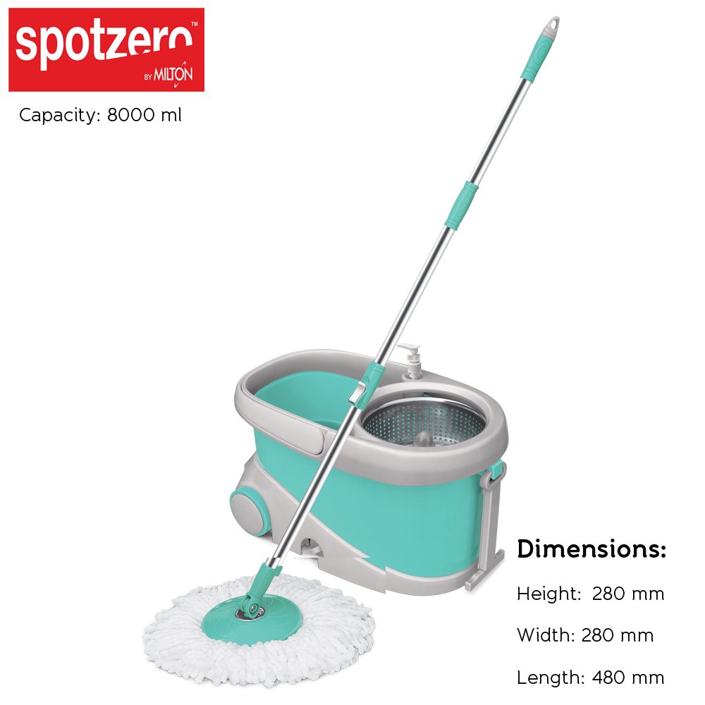 **Spotzero by Milton Prime Mop with Big Wheels & Stainless Steel Wringer – Aqua Green (Includes 2 Refills) – Ideal for Hardwood Floors, Tile & Kitchen Cleaning**