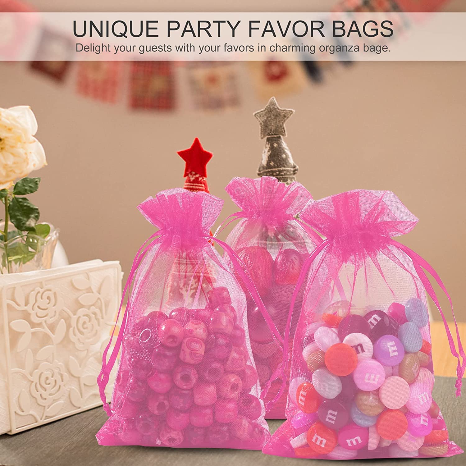 100PCS 5x7 Inch Sheer Pink Organza Drawstring Bags - Small Mesh Gift Bags for Makeup, Jewelry, Party Favors | Perfect for Weddings, Baby Showers & Festival Gift Wrapping