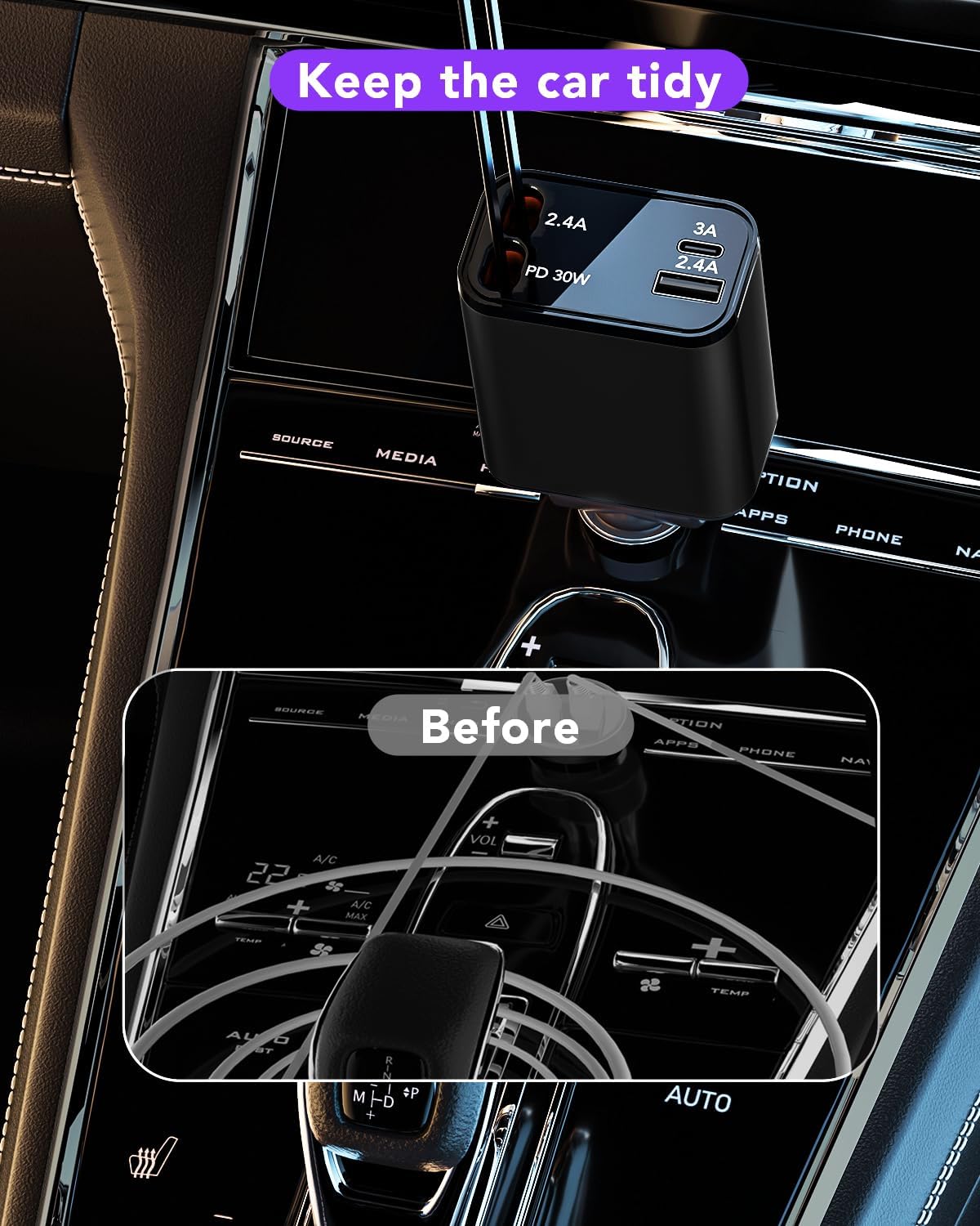 69W 4-in-1 Retractable Car Charger with 2.6ft Cord & Dual USB Ports - Fast Charging for iPhone 16/15/14/13/12/11, Galaxy & Pixel - Perfect for Road Trips & Daily Commutes