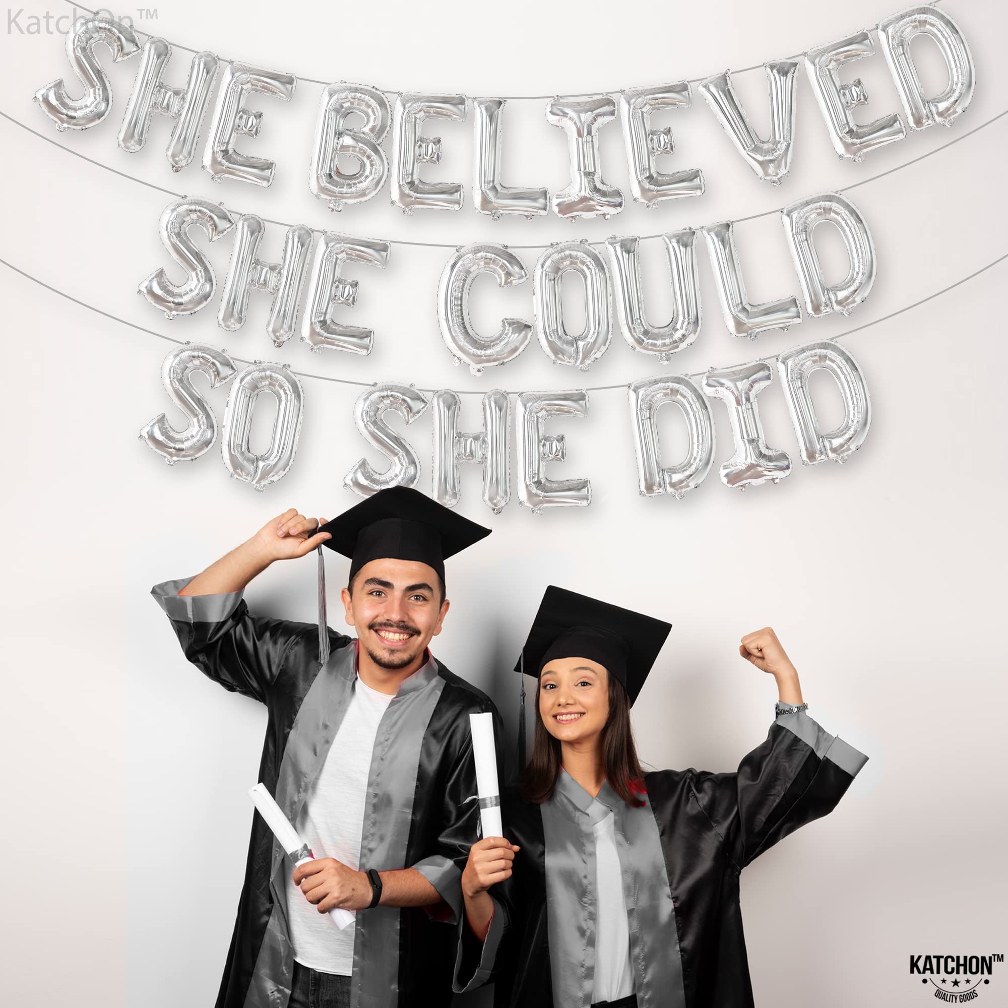 KatchOn Silver Metallic 'She Believed She Could So She Did' Graduation Banner - 16 Inch | Graduation Party Decor, Class of 2025 Garland, Wall Hanging for Commencement Ceremony & School Celebrations