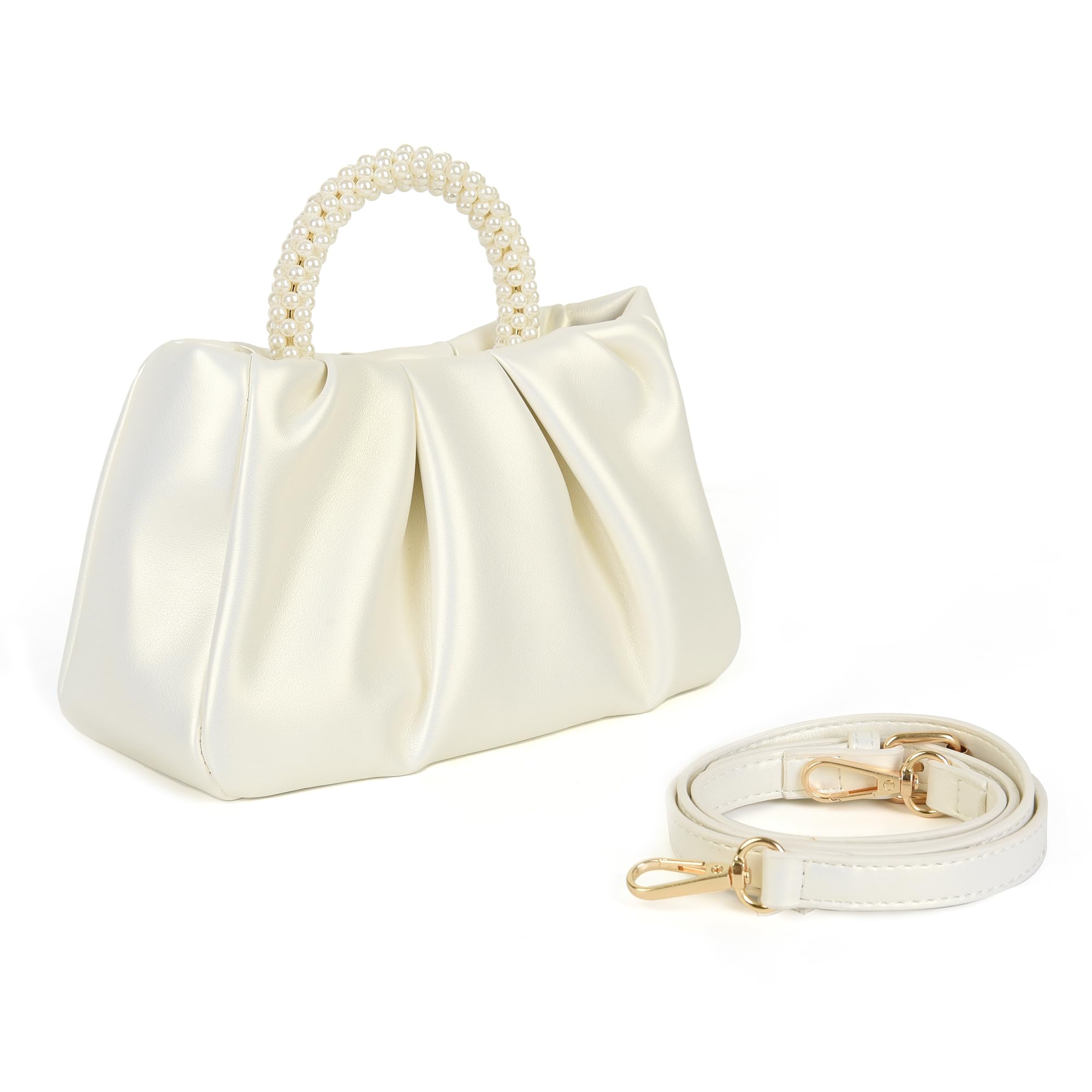 Elegant Pearl Evening Clutch for Women - Soft Leather Ruched Crossbody Shoulder Bag for Party, Wedding & Special Occasions | Perfect for Date Nights, Galas & Formal Events