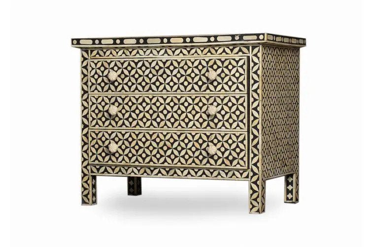 Handmade Bone Inlay Black Dresser with 3 Large Drawers - Vintage Boho Bedroom Furniture for Storage & Organization | Perfect for Master Bedroom, Guest Room or Apartment Decor