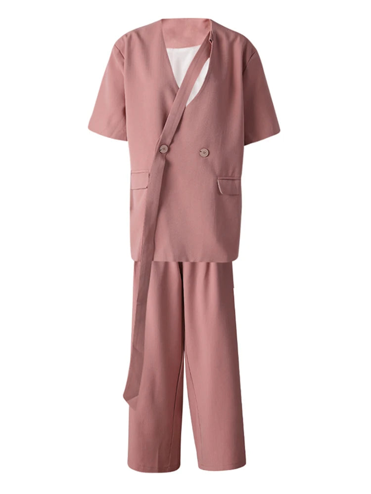 Women's Big Size Green Blazer & Wide Leg Pants Two-Piece Suit - V-Neck Short Sleeve Fashion Set for Spring Summer 2025 (CPG3079) | Office Wear, Business Casual, Wedding Guest Outfit