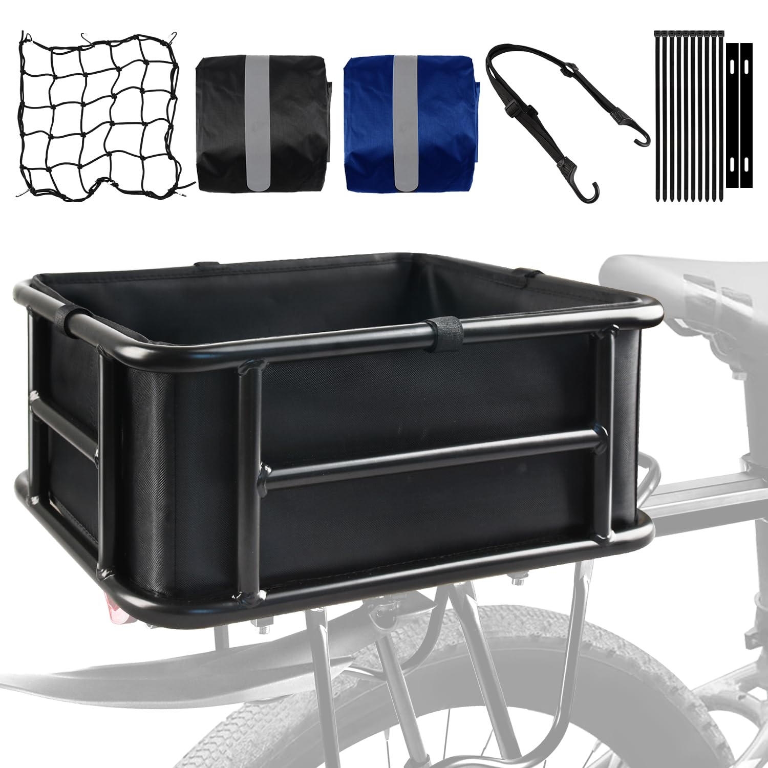 Heavy Duty Rear Bike Basket with Liners, Cargo Net & 2 Rain Covers - Large Metal Bicycle Rear Rack for Commuting, Groceries & Outdoor Adventures (Fits Bicycle, Ebike, Electric Bike)