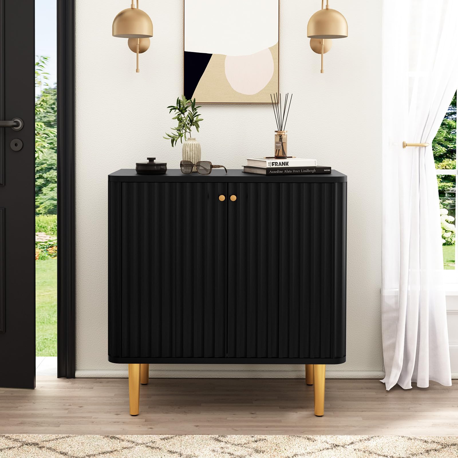 Modern HLR Sideboard Buffet Cabinet with Fluted Texture & Black Accent - 2 Door Storage Credenza for Kitchen, Living Room & Entryway - Perfect for Dining Room Storage, Home Organization & Stylish Decor