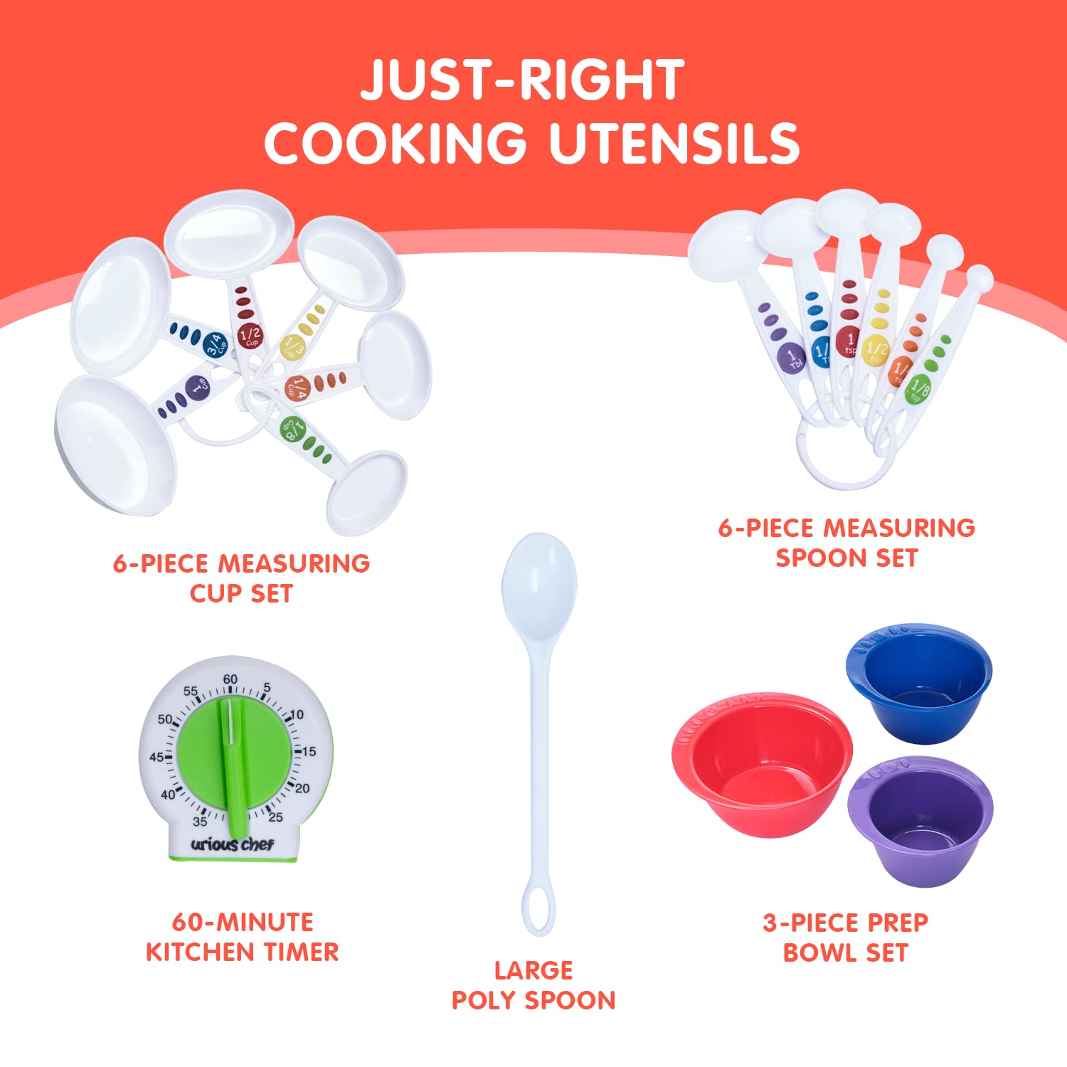 Curious Chef Kids Cookware - 17-Piece Measure & Prep Kit with Real Utensils | Dishwasher Safe & BPA-Free | Includes 6-Piece Measuring Cup & Spoon Set, 3-Piece Prep Bowl Set, Kitchen Timer | Perfect for Baking, Cooking Classes & Pretend Play