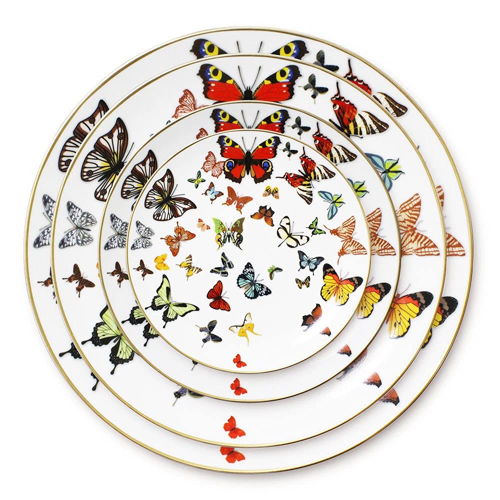Premium Bone China Plate Set - Elegant European Ceramic Dinnerware with Butterfly Design, 4-Piece Multi-Color Plates for Steak, Salad, Sandwich & Snacks | Dishwasher & Microwave Safe | Perfect for Fine Dining, Dinner Parties & Home Decor