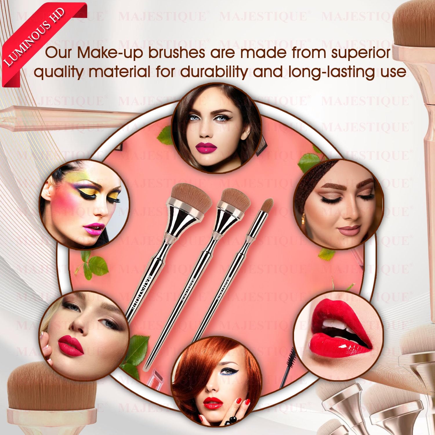 Majestique Foundation, Concealer & Multi-Use Makeup Brush Set - 3Pcs Professional Synthetic Brushes for Face, Cheek & Eye Makeup | Soft Silky HD Brushes for Flawless Coverage & Blending | Perfect for Daily Use, Photo Shoots & Special Occasions