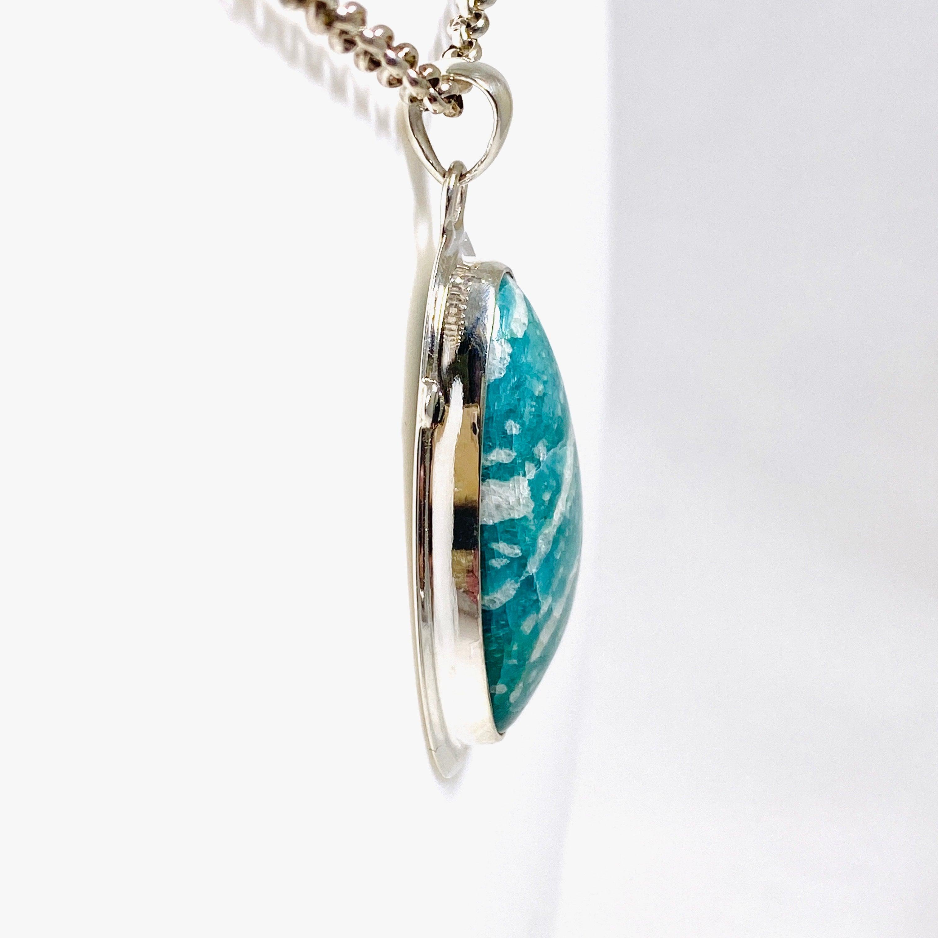 Amazonite Freeform Pendant Necklace with Detailed Sterling Silver Setting KPGJ3756 - Perfect for Boho Jewelry, Spiritual Healing & Gift Giving
