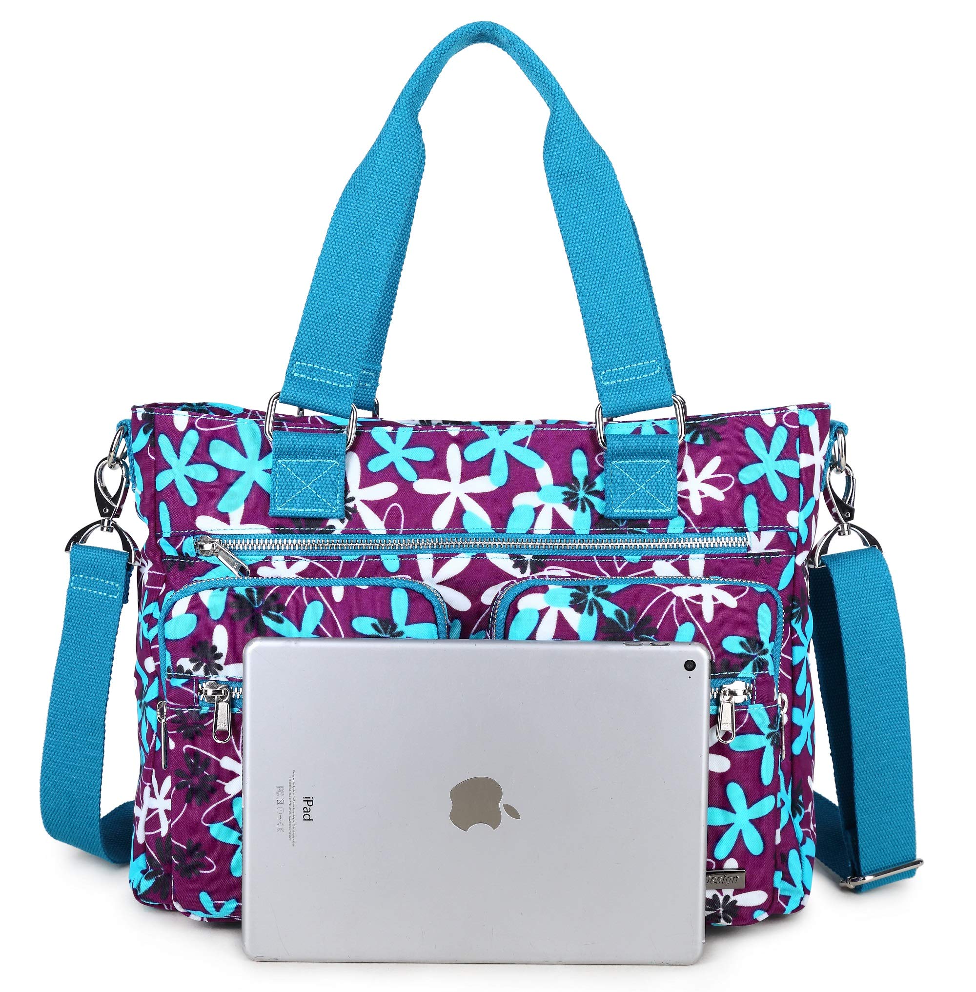 Crest Design Nylon Laptop Shoulder Bag for Women - Lightweight Teacher Nurse Tote Organizer with Multiple Pockets - Perfect for Work, Travel, School & Daily Commute