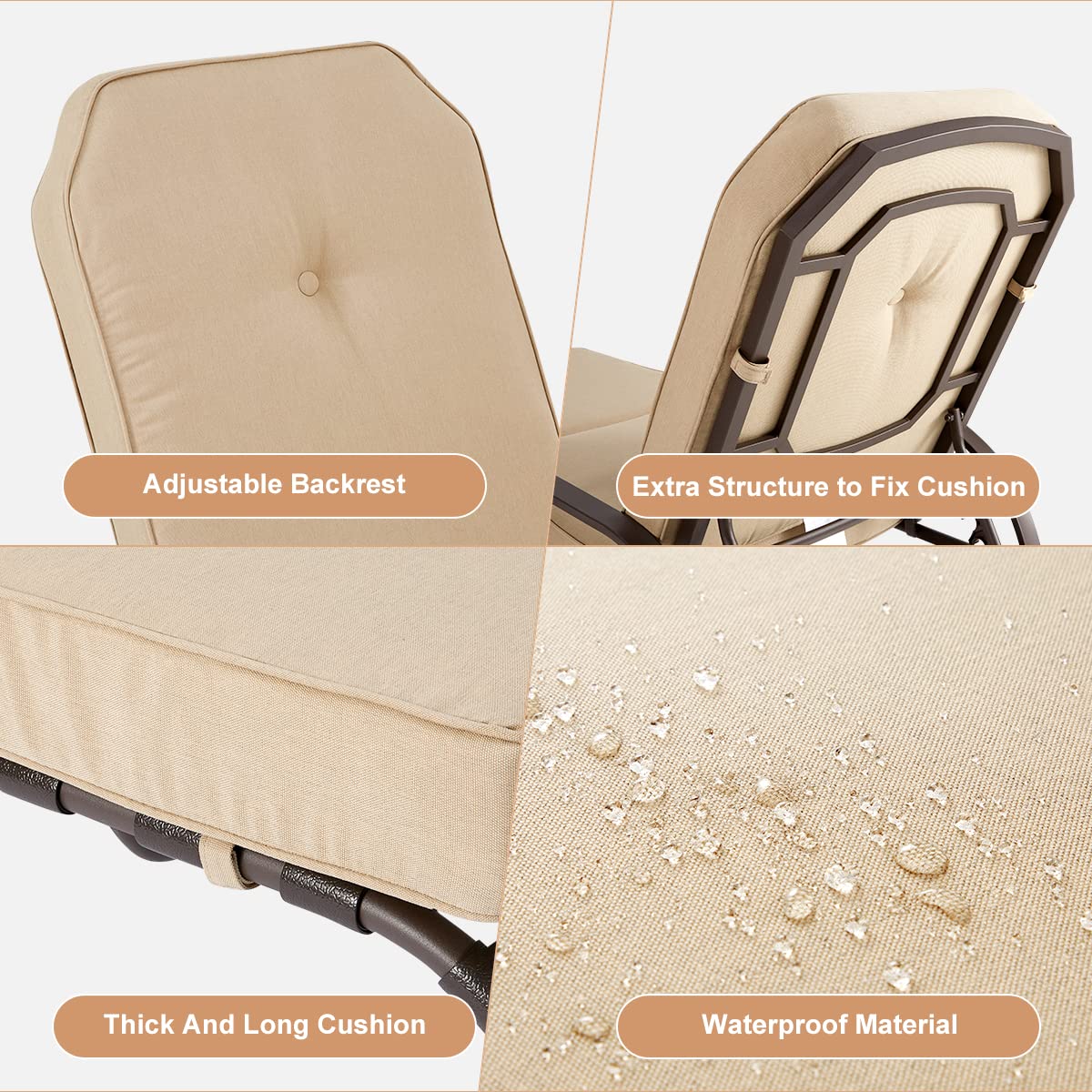U-MAX Adjustable Outdoor Chaise Lounge Chair - Patio Recliner with Armrest & Cushion - Waterproof & Durable Furniture for Deck, Poolside, Backyard, Beach - Perfect for Sunbathing & Relaxation (Beige, 1 Piece)