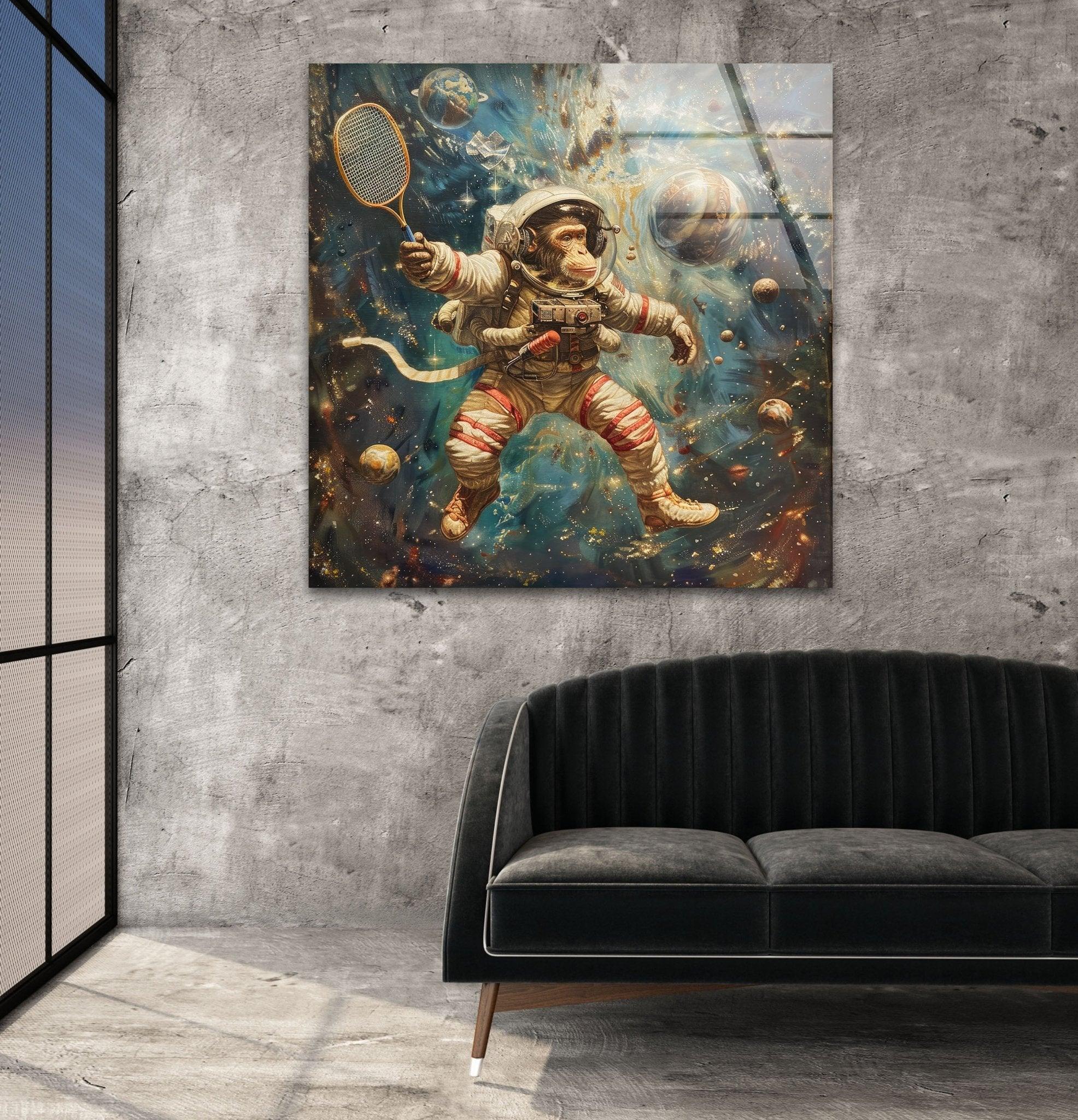 Astronaut Monkey Glass Wall Art - Unique Space Themed Home Decor for Living Room, Bedroom & Office - Perfect Gift for Sci-Fi & Space Lovers