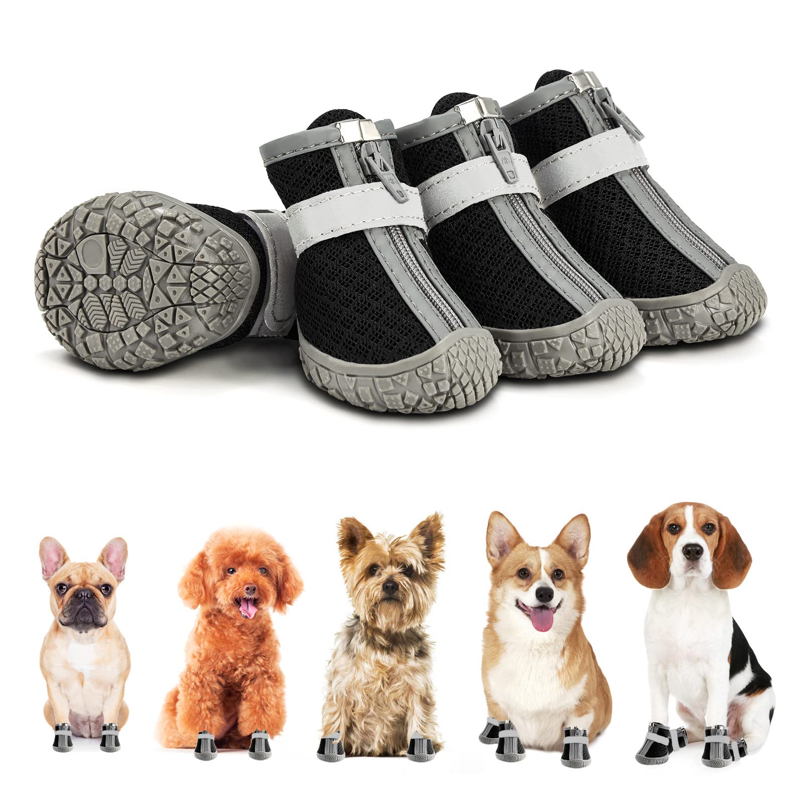 **Breathable Dog Booties for Small & Medium Dogs - 4PCS Puppy Walking Shoes for Hot Pavement & Outdoor Protection**    *(Perfect for Summer Walks, Hiking, and Rough Terrain - Keep Your Pet's Paws Safe!)*