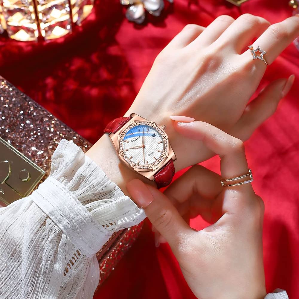 Elegant Women's Quartz Watch with Genuine Leather Strap - Lightweight Fashion Watch in Classic Red Color, Perfect Gift for Women | Ideal for Office, Date Night & Special Occasions