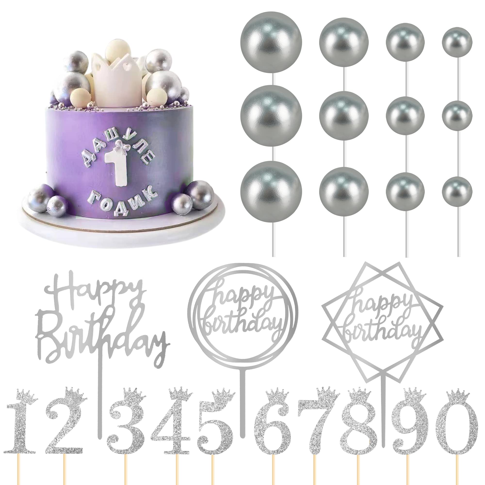 25 PCS Acrylic Happy Birthday Cake Topper Set with Numbers 0-9, Crown & Ball Shaped Cake Insert Toppers - Elegant Silver Cake Decorations for Kids & Adults Birthday Parties, Weddings, Baby Showers & Celebrations