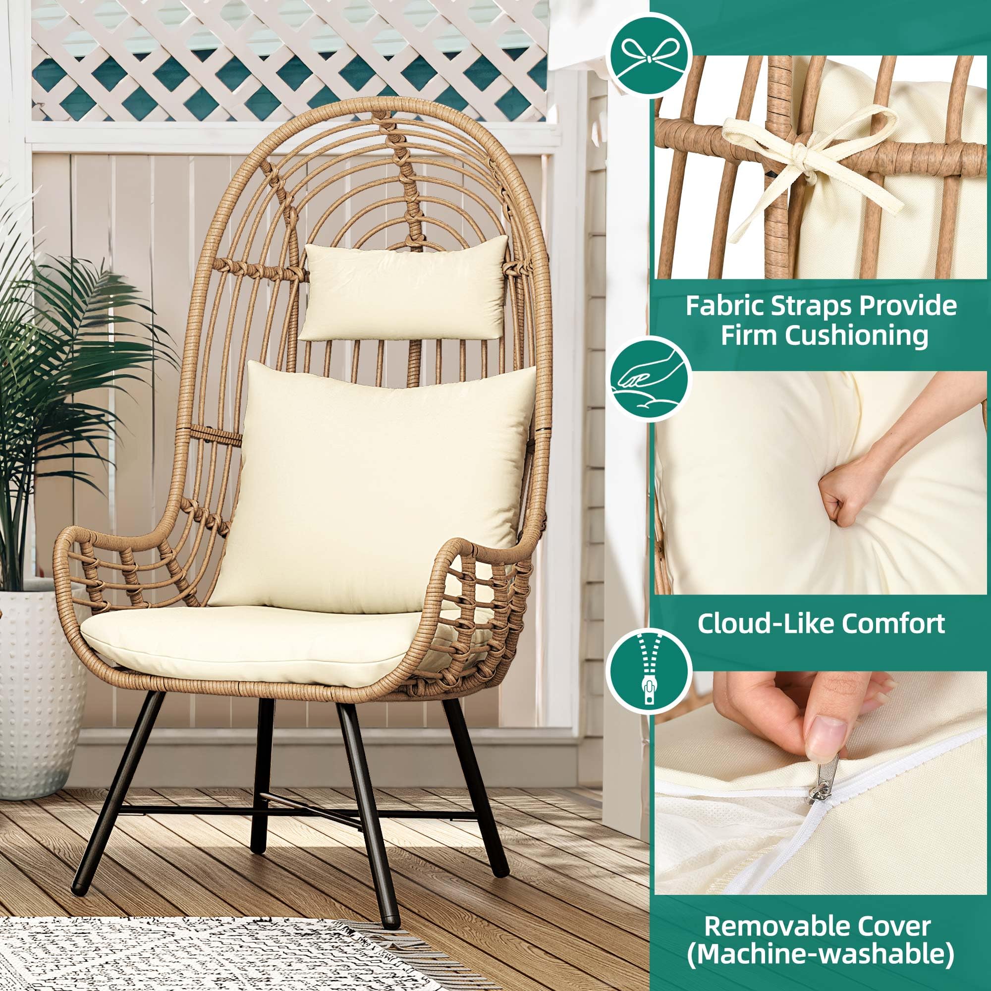 YITAHOME Outdoor Narrow Egg Chair - Patio Wicker Hanging Basket Chair with 370lbs Capacity, Indoor Egg Chair with Stand & Cushion - Cocoon Chair for Bedroom, Garden, Balcony - Perfect for Relaxing, Reading & Sunbathing (Beige)