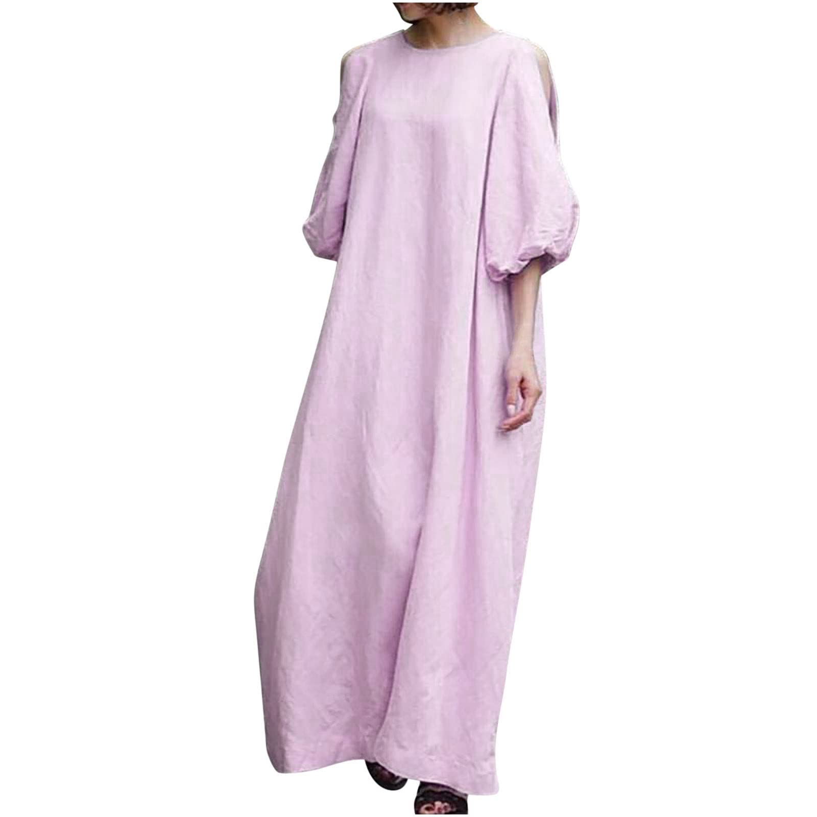 JOAU Women's Maxi Dress - Plus Size Cotton Linen Summer Dress with Puff Sleeves | Solid Color Boho Kaftan Dress for Beach, Vacation & Casual Wear